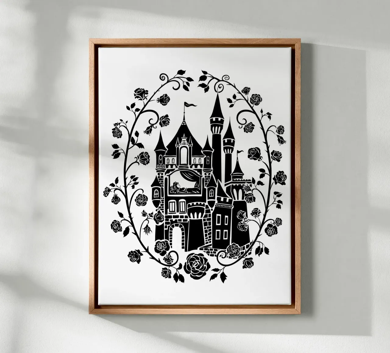 Silhouette della Bella Addormentata Castello delle Fiabe Vintage tela con Cornice a cassetta da DYDesign