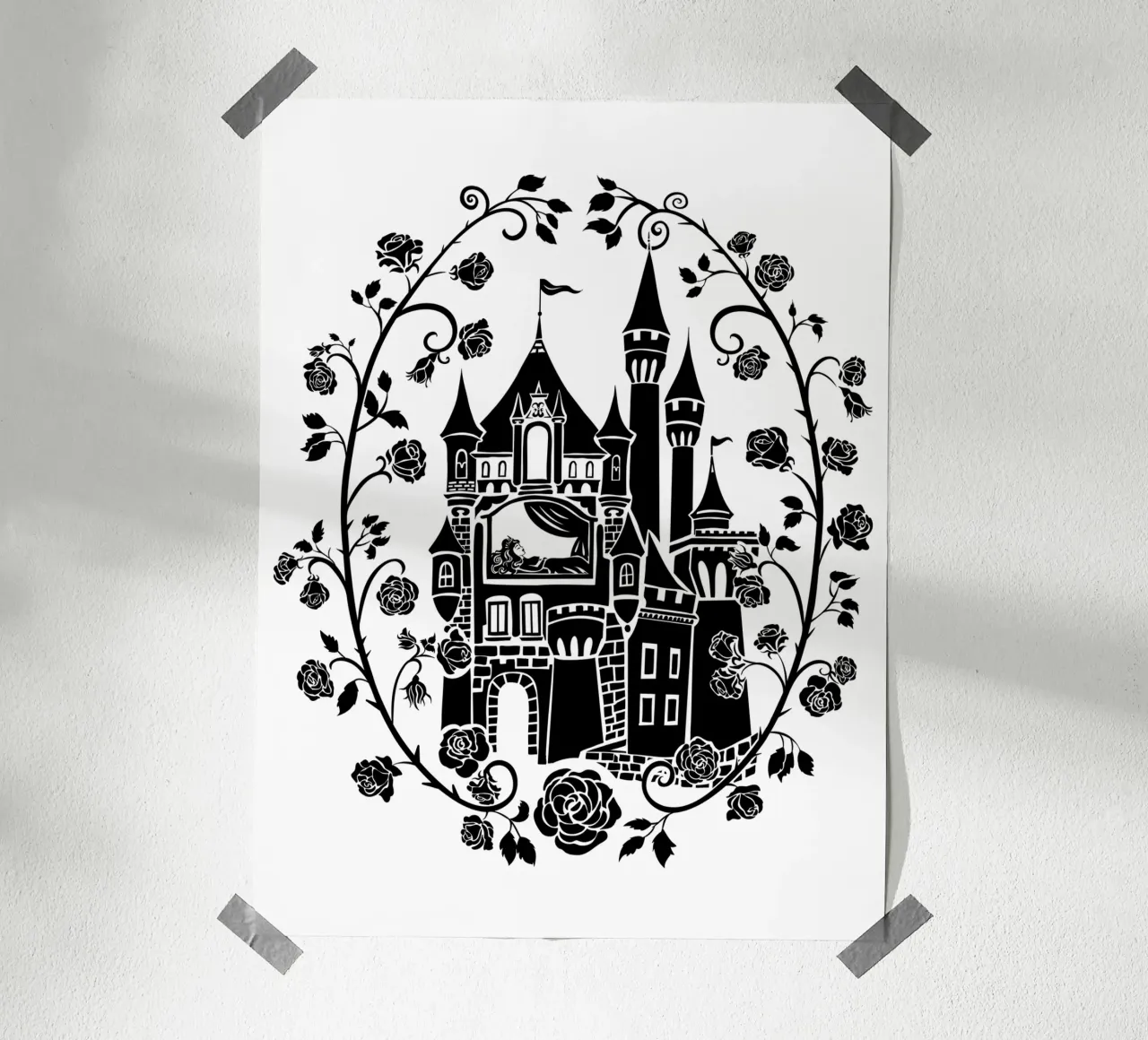 Silhouette della Bella Addormentata Castello delle Fiabe Vintage poster con telaio in plastica da DYDesign
