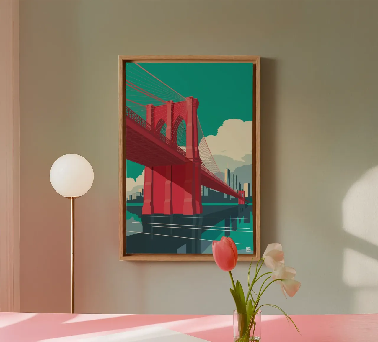 NYC Brooklynbridge Rood canvas met Baklijst van Remko Heemskerk