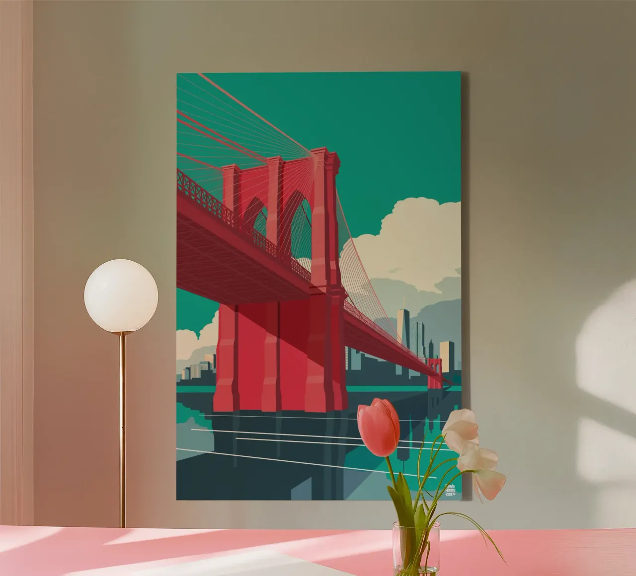 NYC Brooklynbridge Rood canvas met Baklijst van Remko Heemskerk