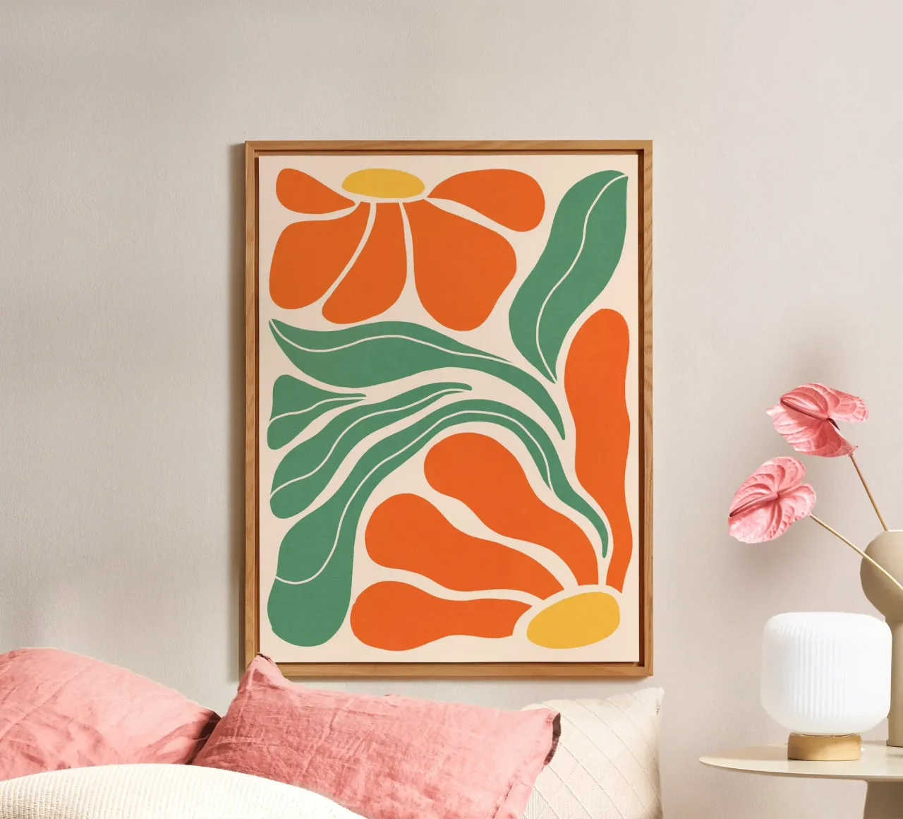 Moderno Bohemien Art Nouveau floreale 2/3 - Arancione e verde alluminio dibond da Dominique Vari