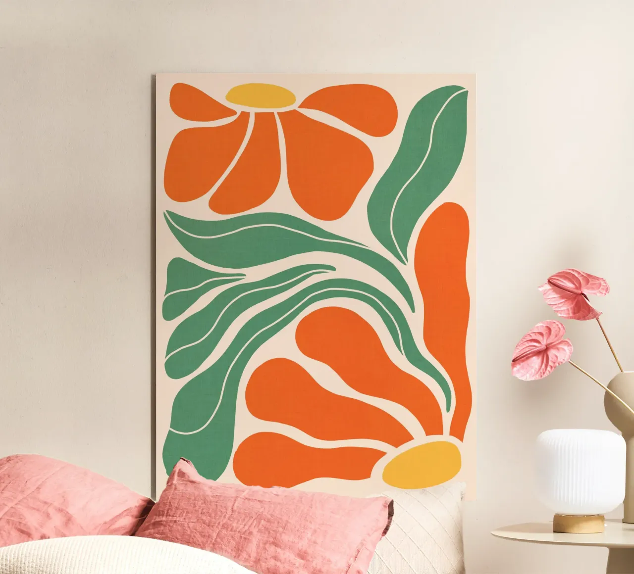 Moderno Bohemien Art Nouveau floreale 2/3 - Arancione e verde alluminio dibond da Dominique Vari