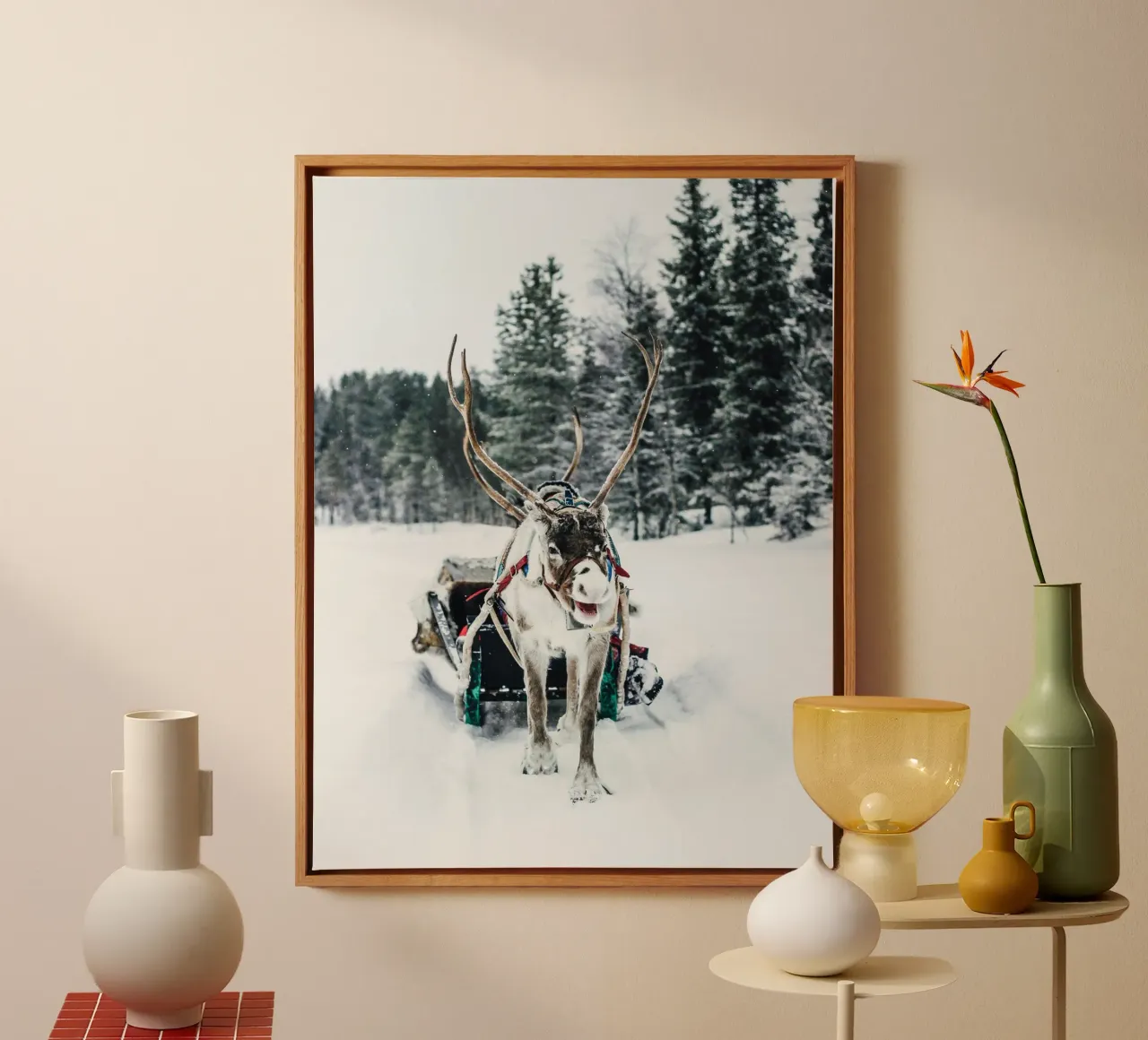 Rendierslee in winterse magie canvas met Baklijst van Whole©