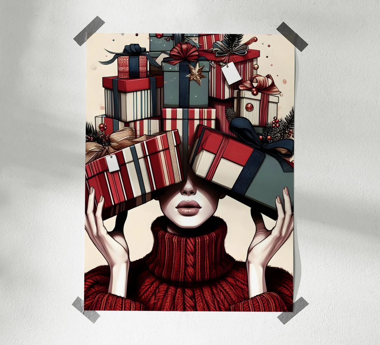KERSTCADEAUS INPAKKEN poster met kunststof frame van ARTOMATIC