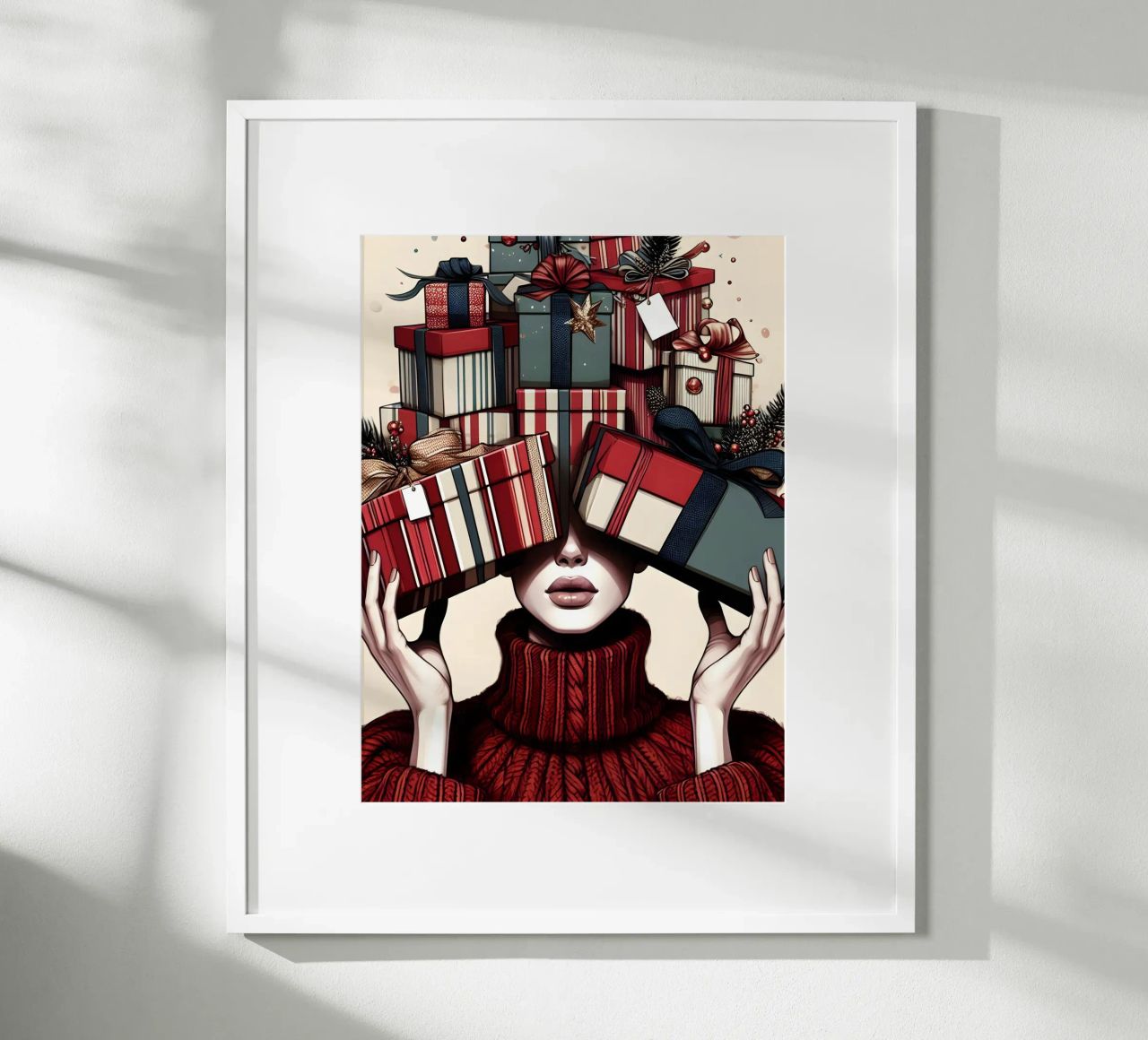 KERSTCADEAUS INPAKKEN poster met kunststof frame van ARTOMATIC