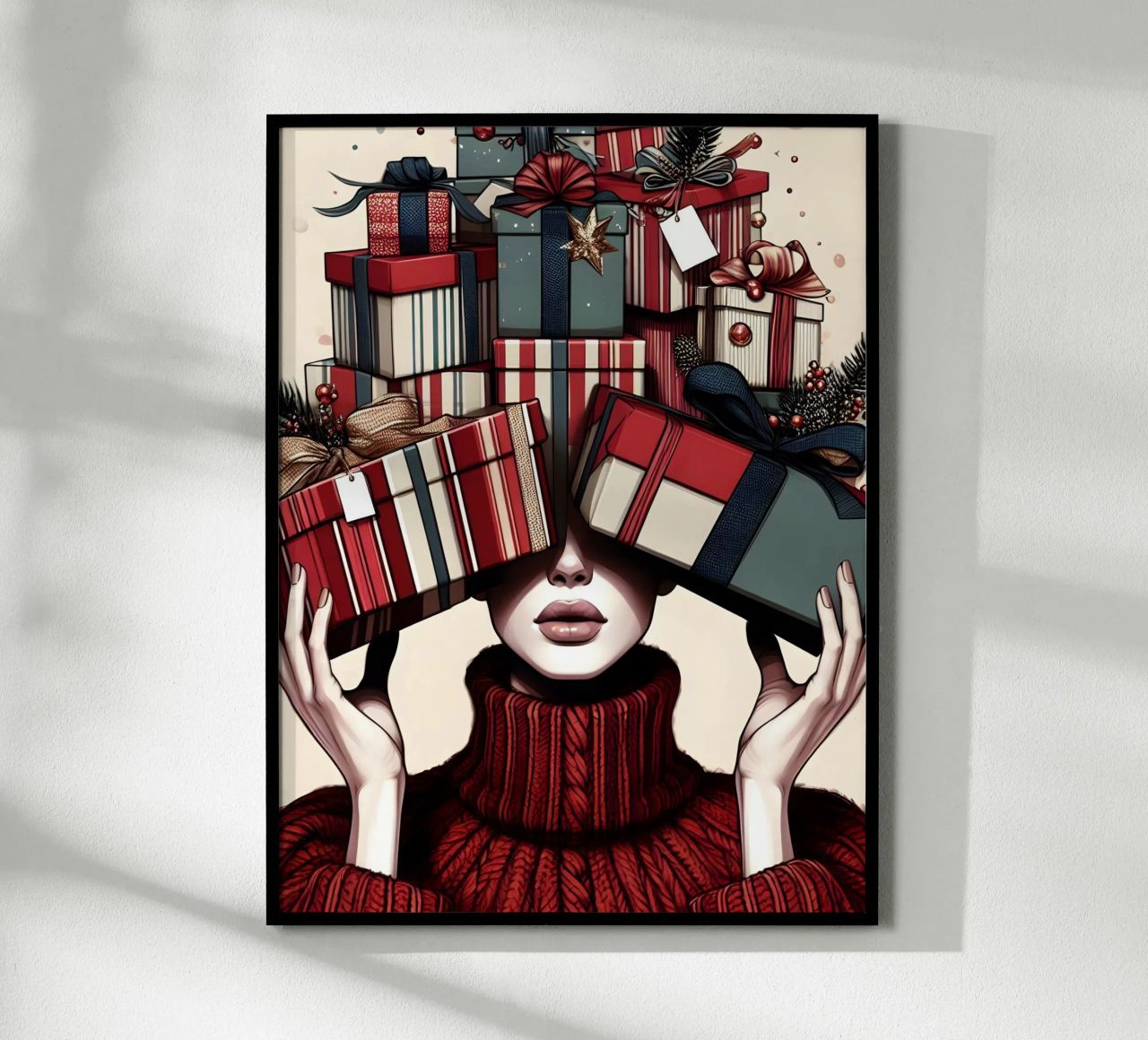 KERSTCADEAUS INPAKKEN poster met kunststof frame van ARTOMATIC
