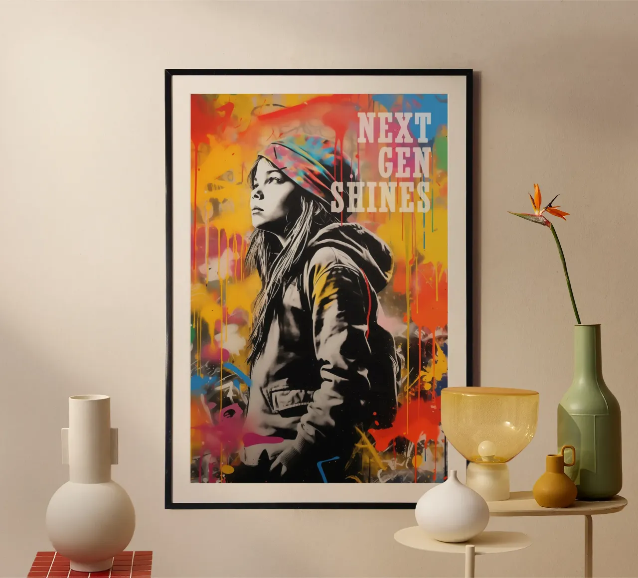 La Next Gen risplende e la street art dei graffiti in stile Banksy poster con telaio in plastica da Autofocus