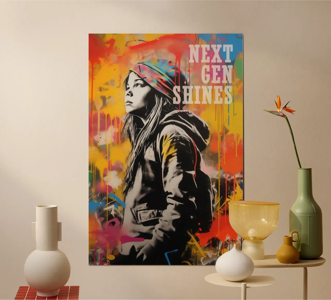 La Next Gen risplende e la street art dei graffiti in stile Banksy poster con telaio in plastica da Autofocus
