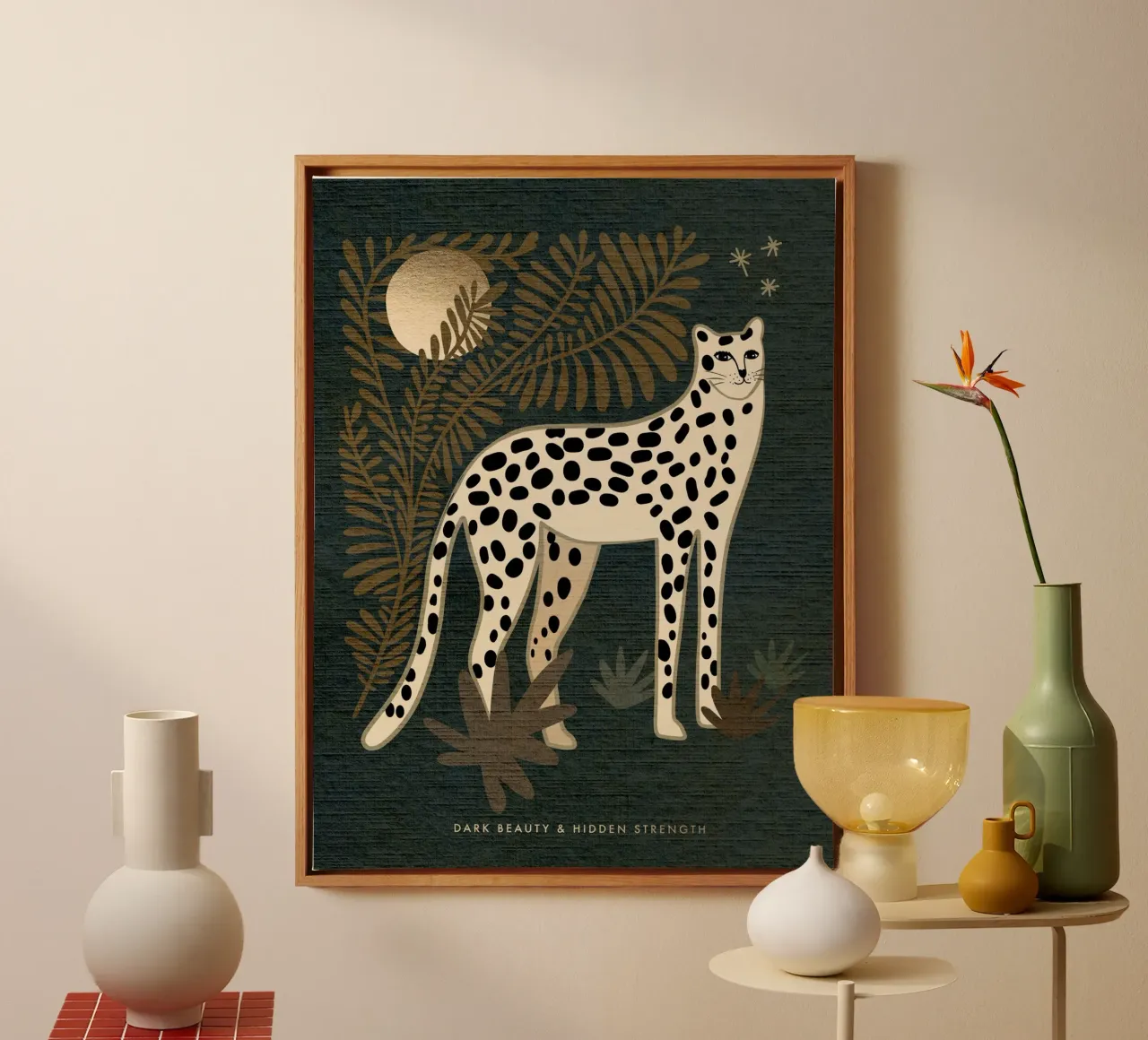 Dark Moody Wild Cat Cheetah 'Dark Beauty Hidden Strength' canvas with Floater frame by Dominique Vari