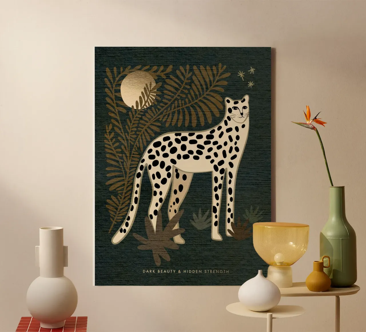 Dark Moody Wild Cat Cheetah 'Dark Beauty Hidden Strength' canvas with Floater frame by Dominique Vari