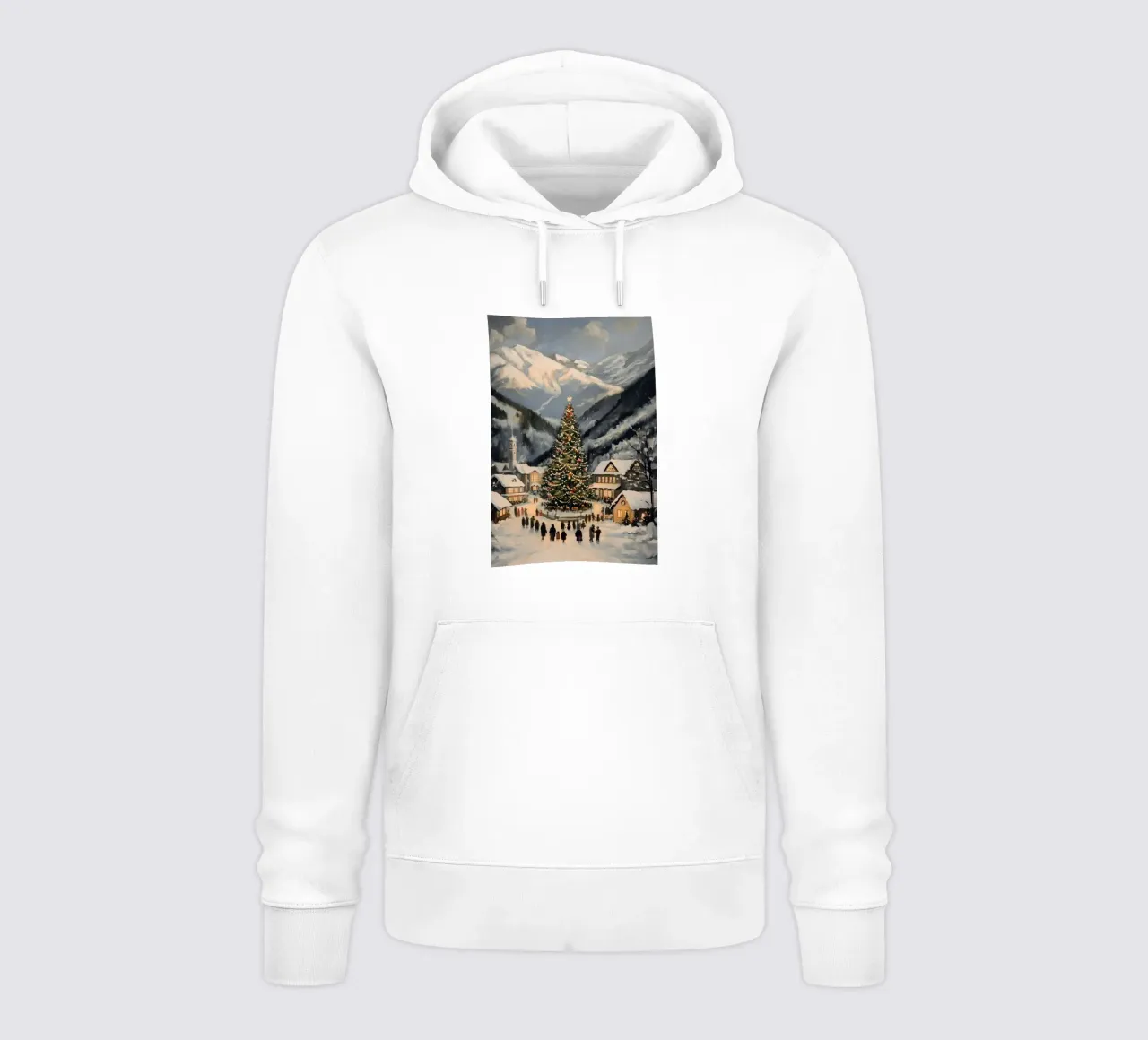 Villaggio invernale con albero di Natale decorato felpa con cappuccio da Melloi Art Print