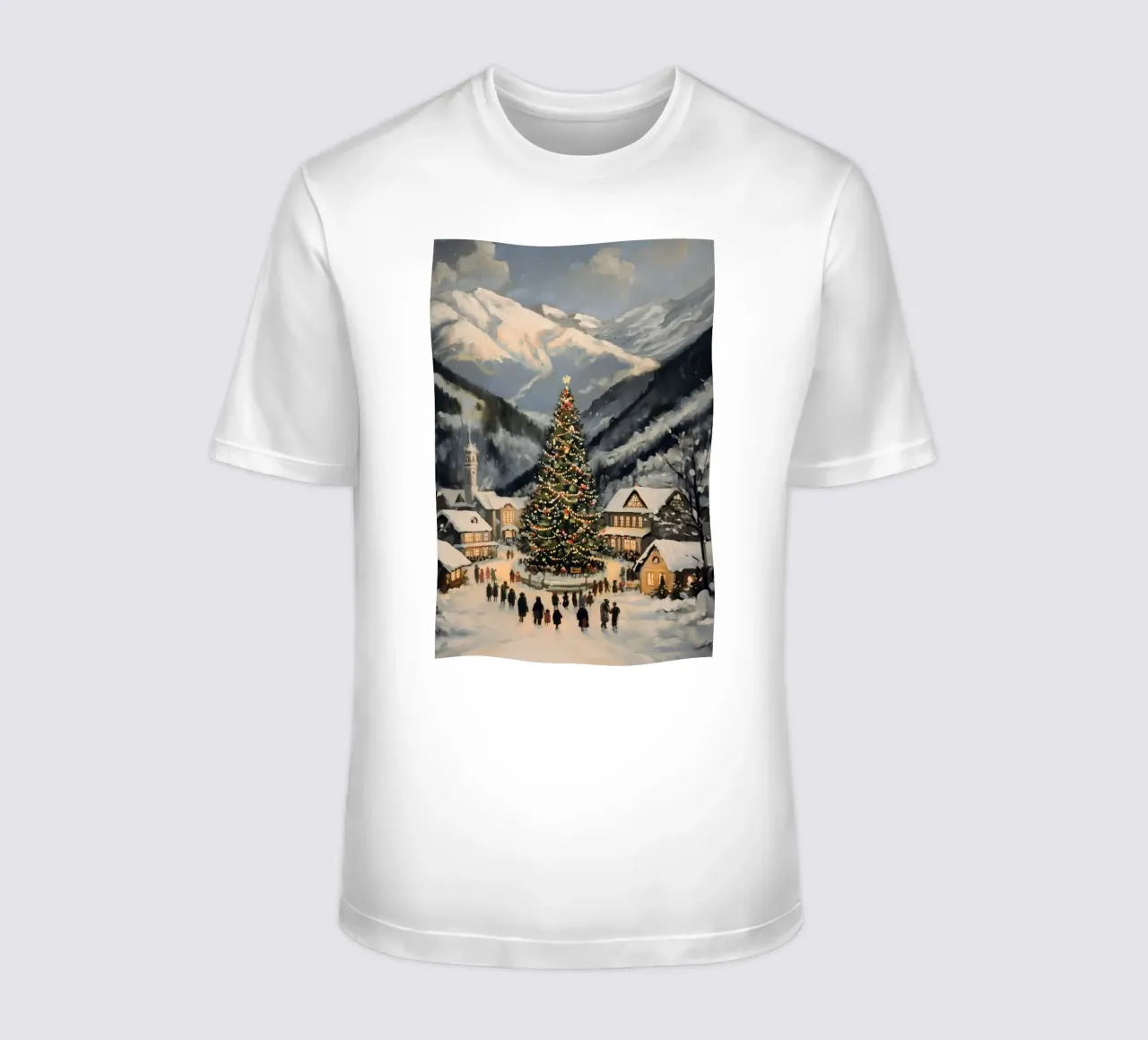 Villaggio invernale con albero di Natale decorato t-shirt da Melloi Art Print