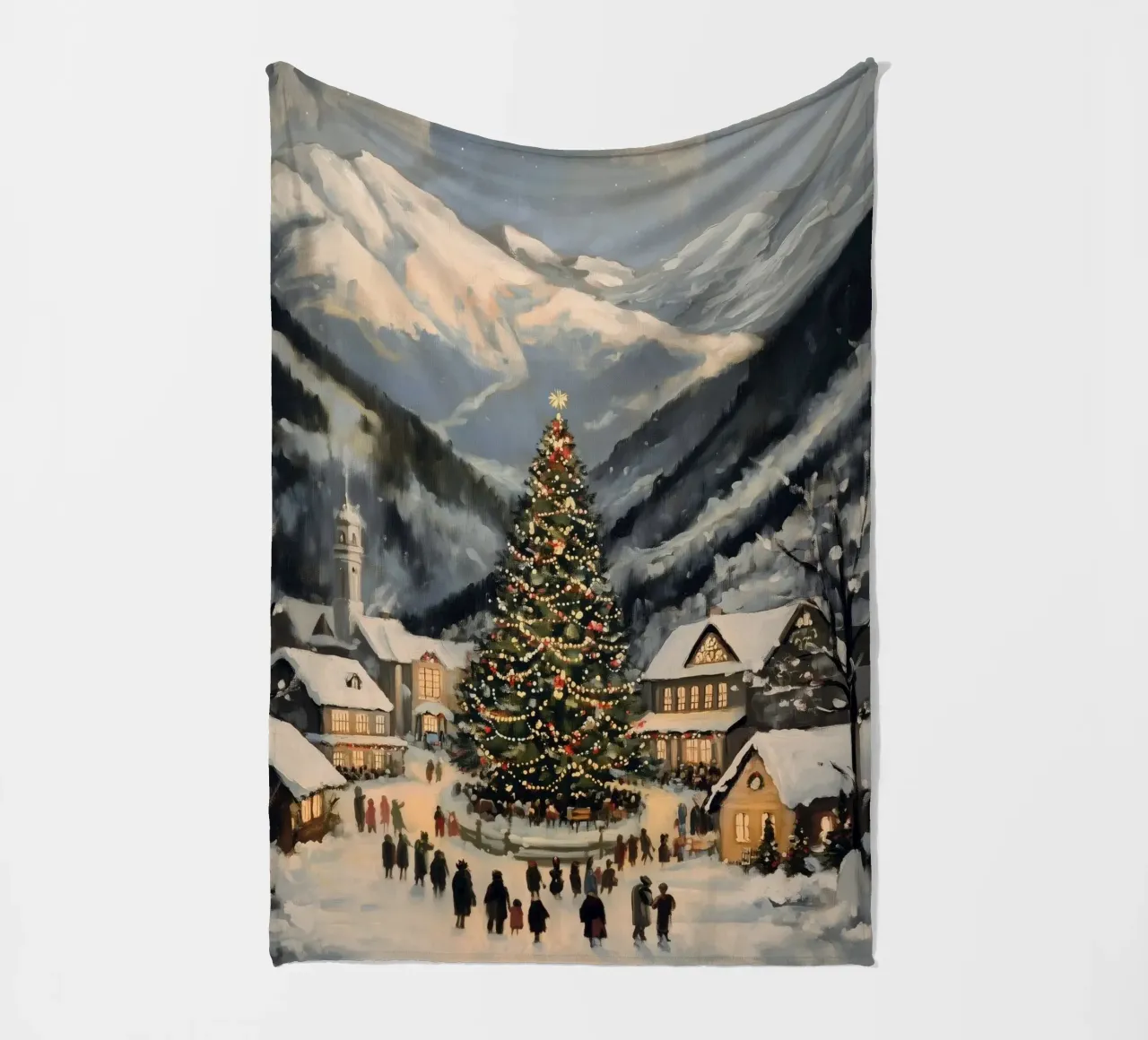 Villaggio invernale con albero di Natale decorato coperta in pile da Melloi Art Print