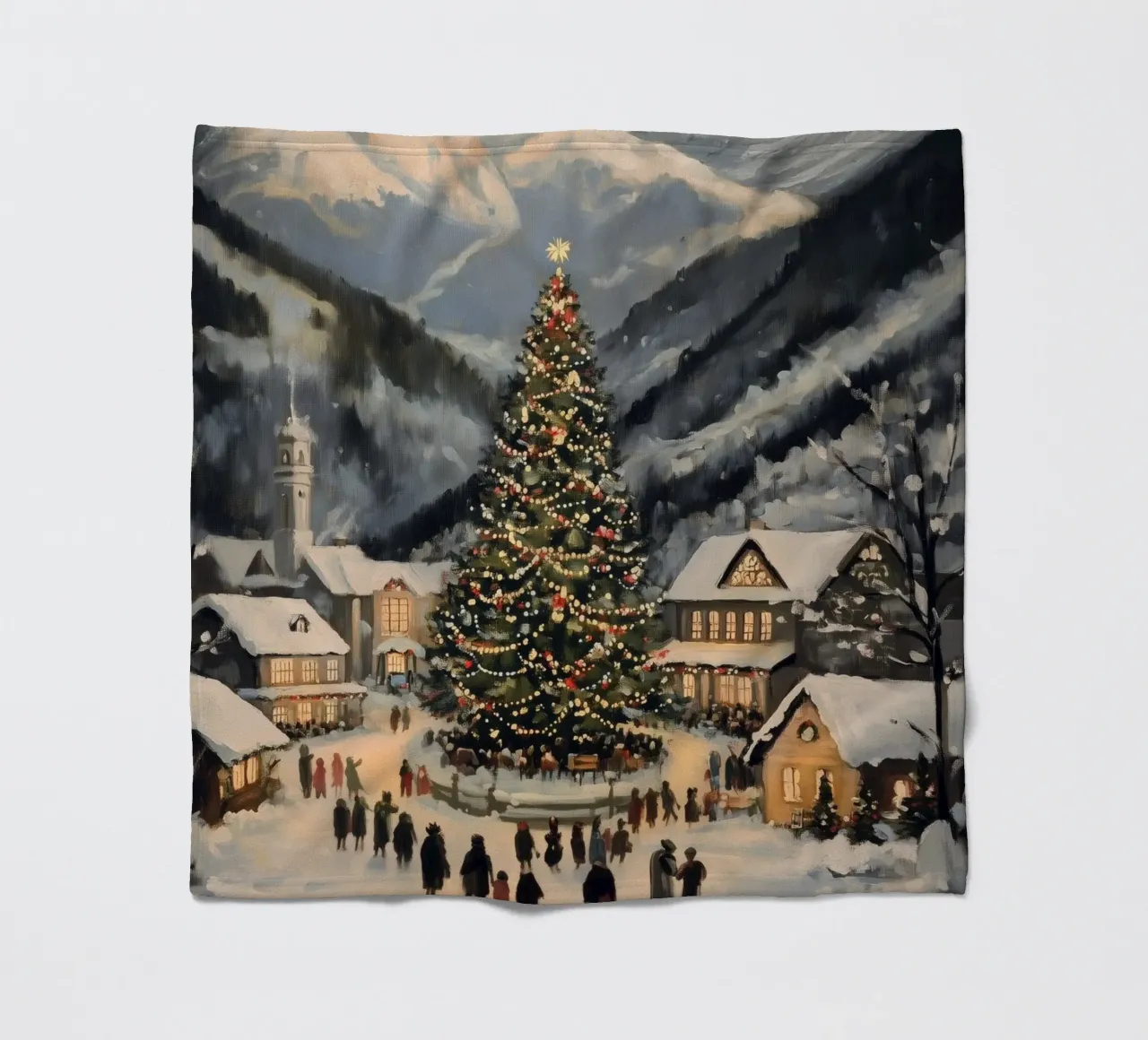 Villaggio invernale con albero di Natale decorato coperta in pile da Melloi Art Print