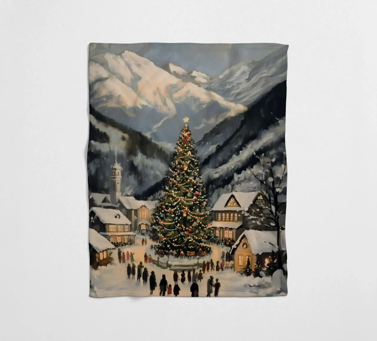 Villaggio invernale con albero di Natale decorato coperta in pile da Melloi Art Print