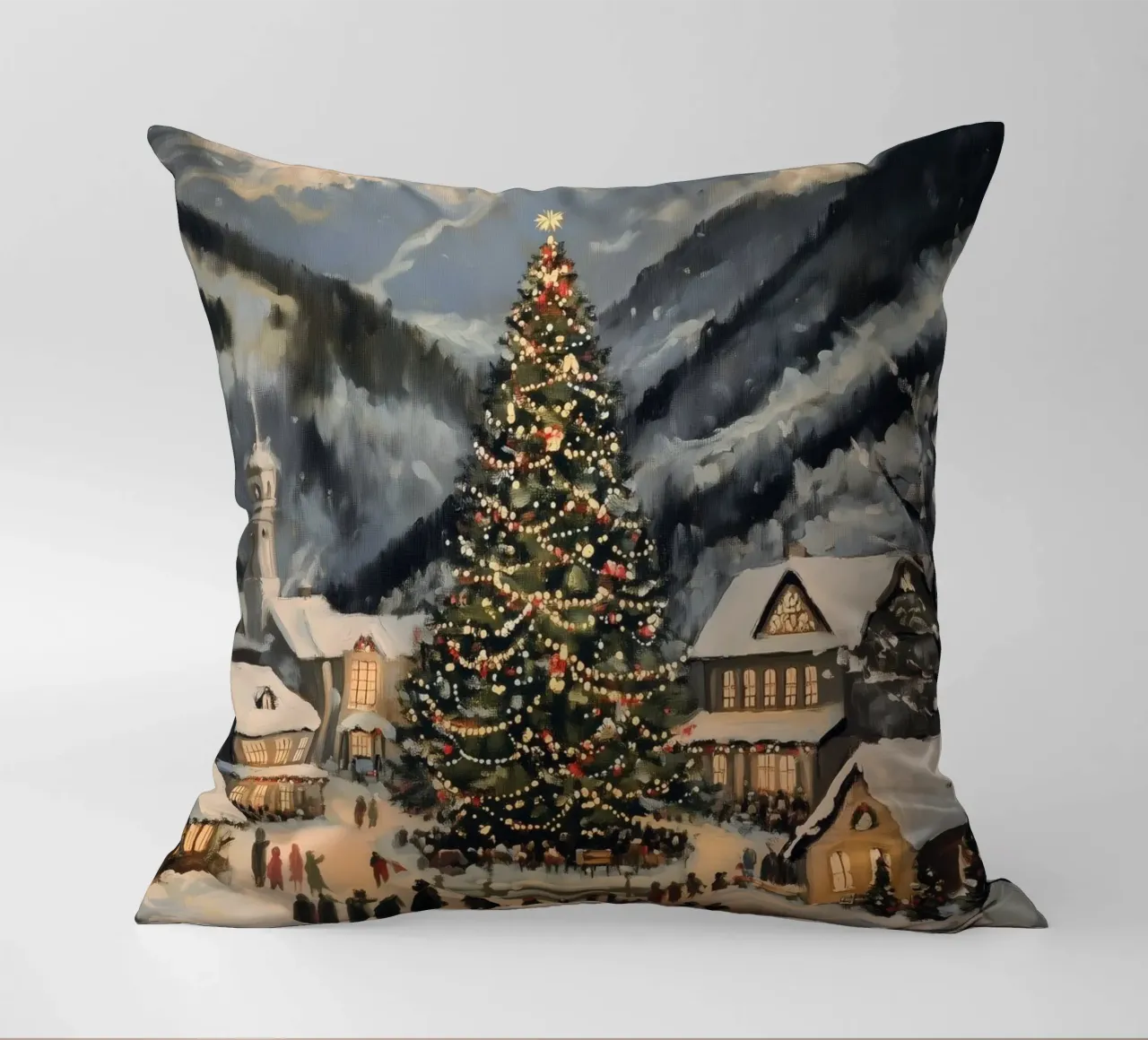 Villaggio invernale con albero di Natale decorato cuscino da Melloi Art Print