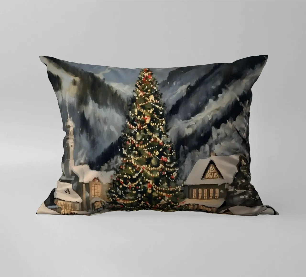 Villaggio invernale con albero di Natale decorato cuscino da Melloi Art Print
