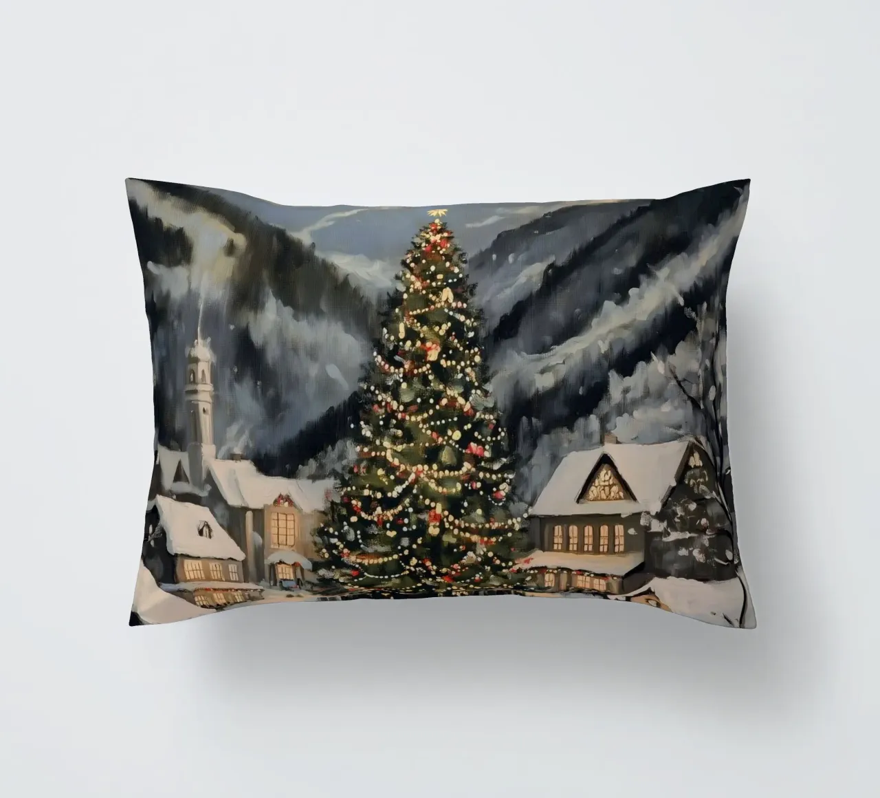 Villaggio invernale con albero di Natale decorato cuscino da Melloi Art Print