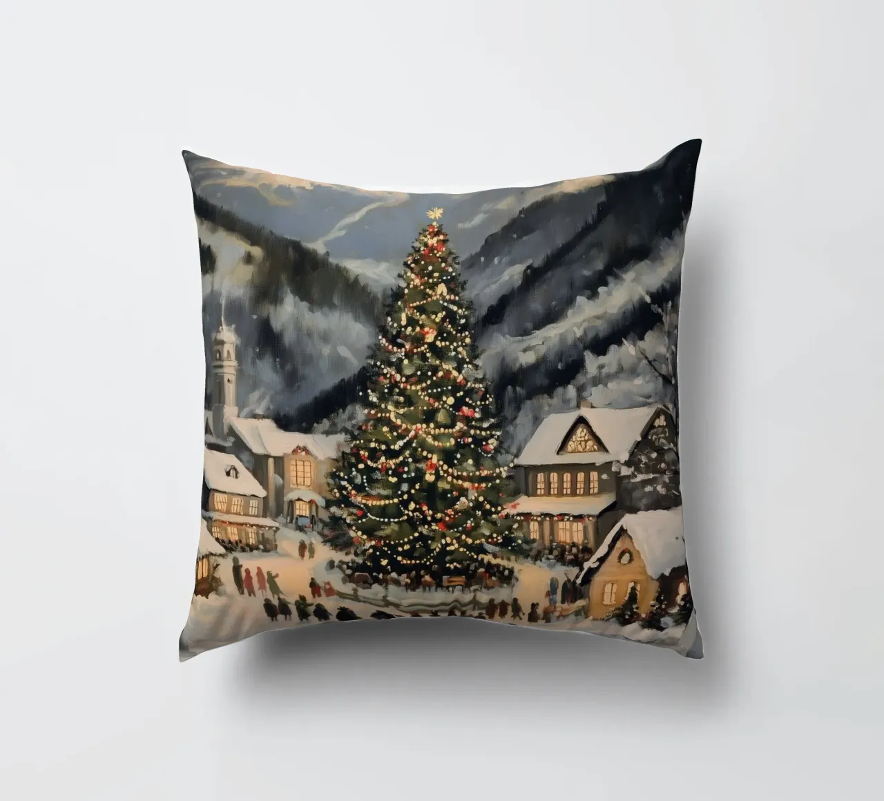 Villaggio invernale con albero di Natale decorato cuscino da Melloi Art Print
