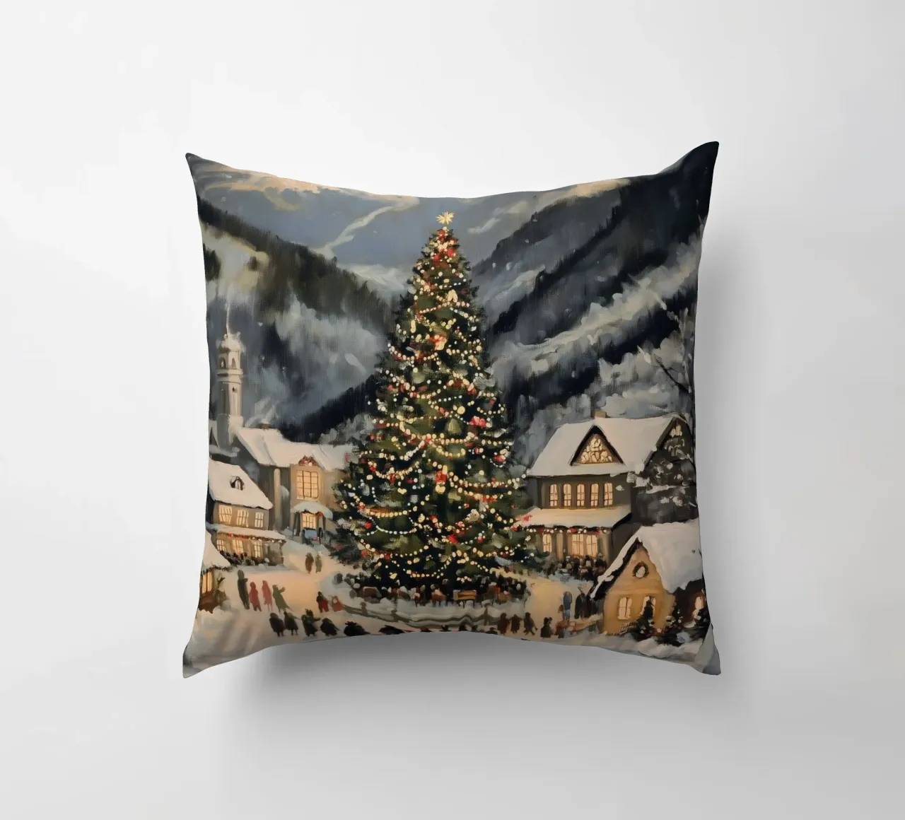 Villaggio invernale con albero di Natale decorato cuscino da Melloi Art Print
