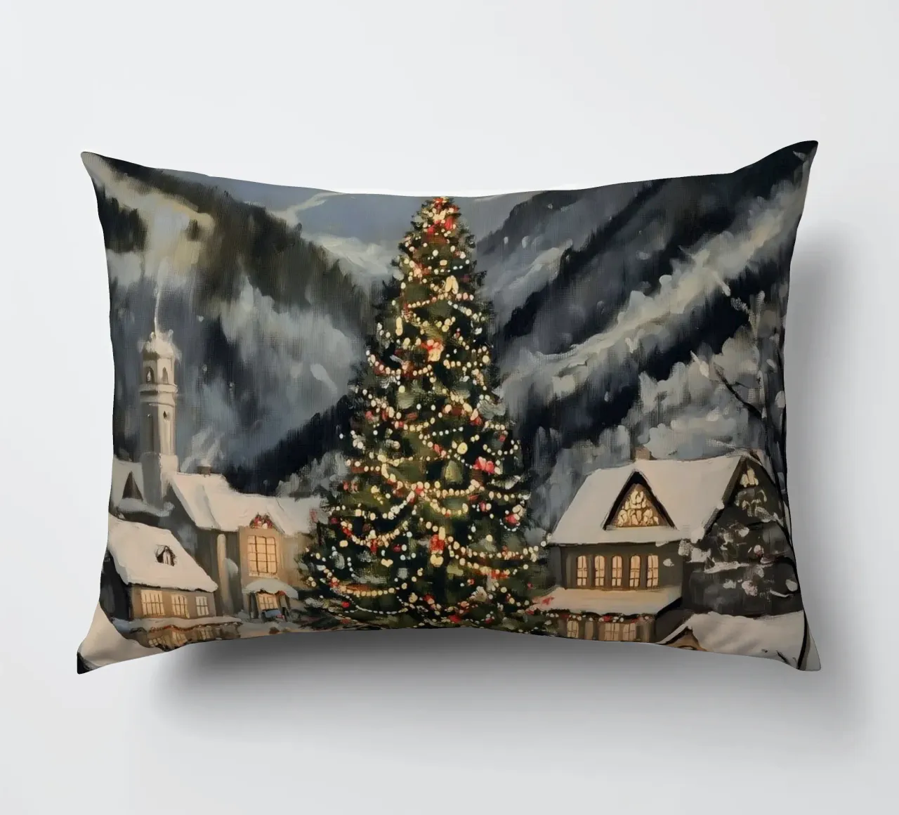 Villaggio invernale con albero di Natale decorato cuscino da Melloi Art Print