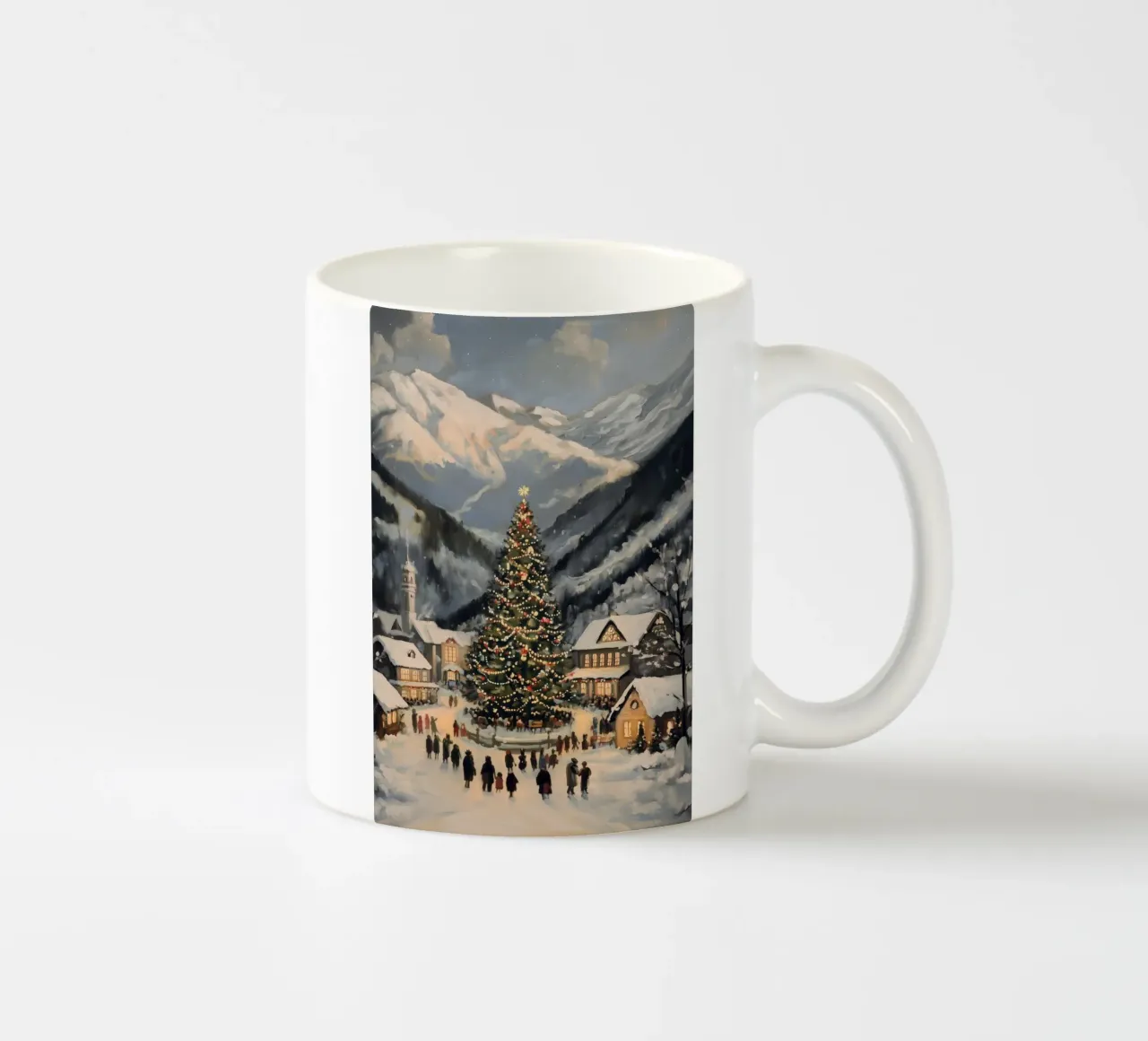 Villaggio invernale con albero di Natale decorato tazza in ceramica da Melloi Art Print