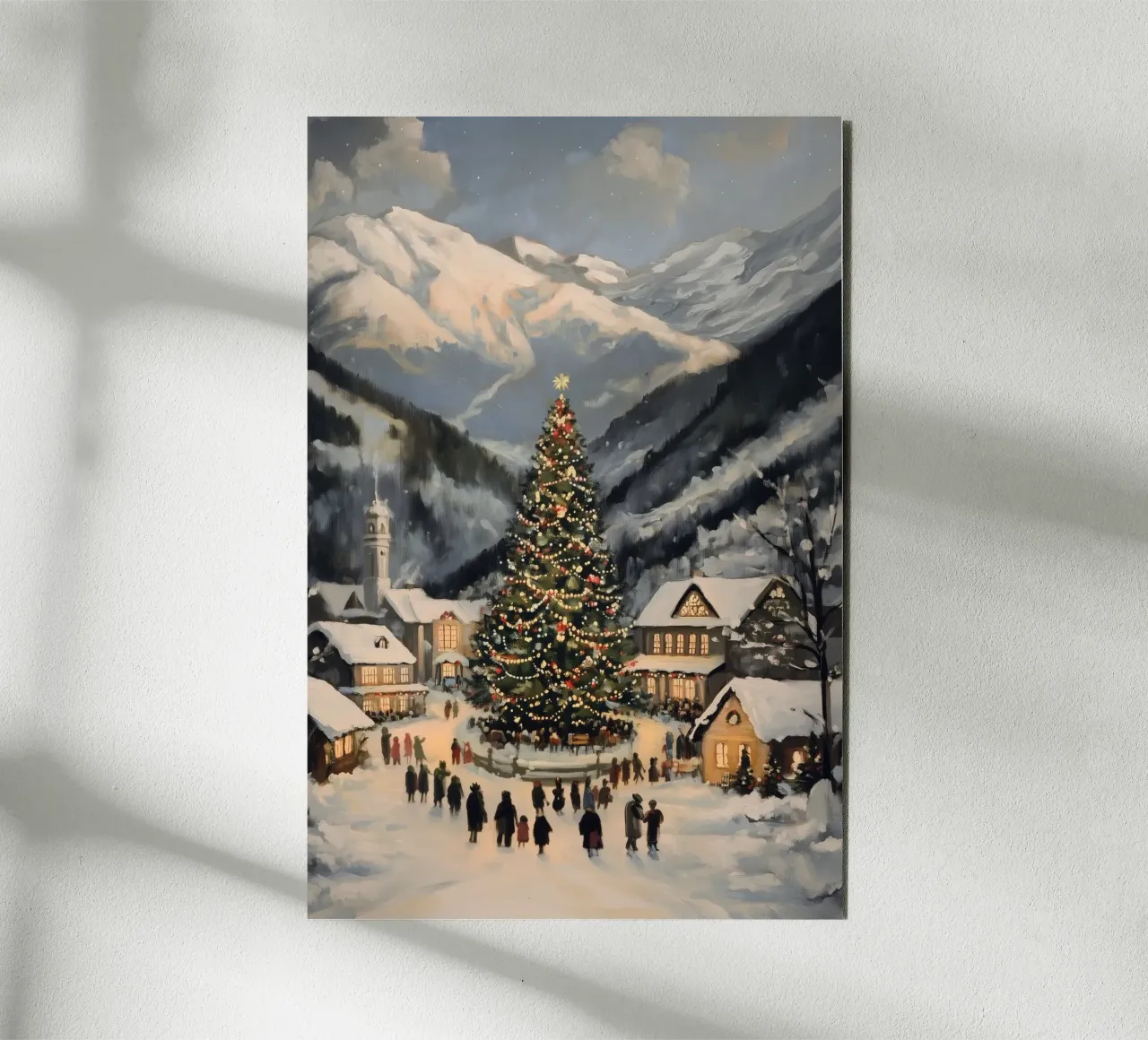 Villaggio invernale con albero di Natale decorato alluminio dibond da Melloi Art Print