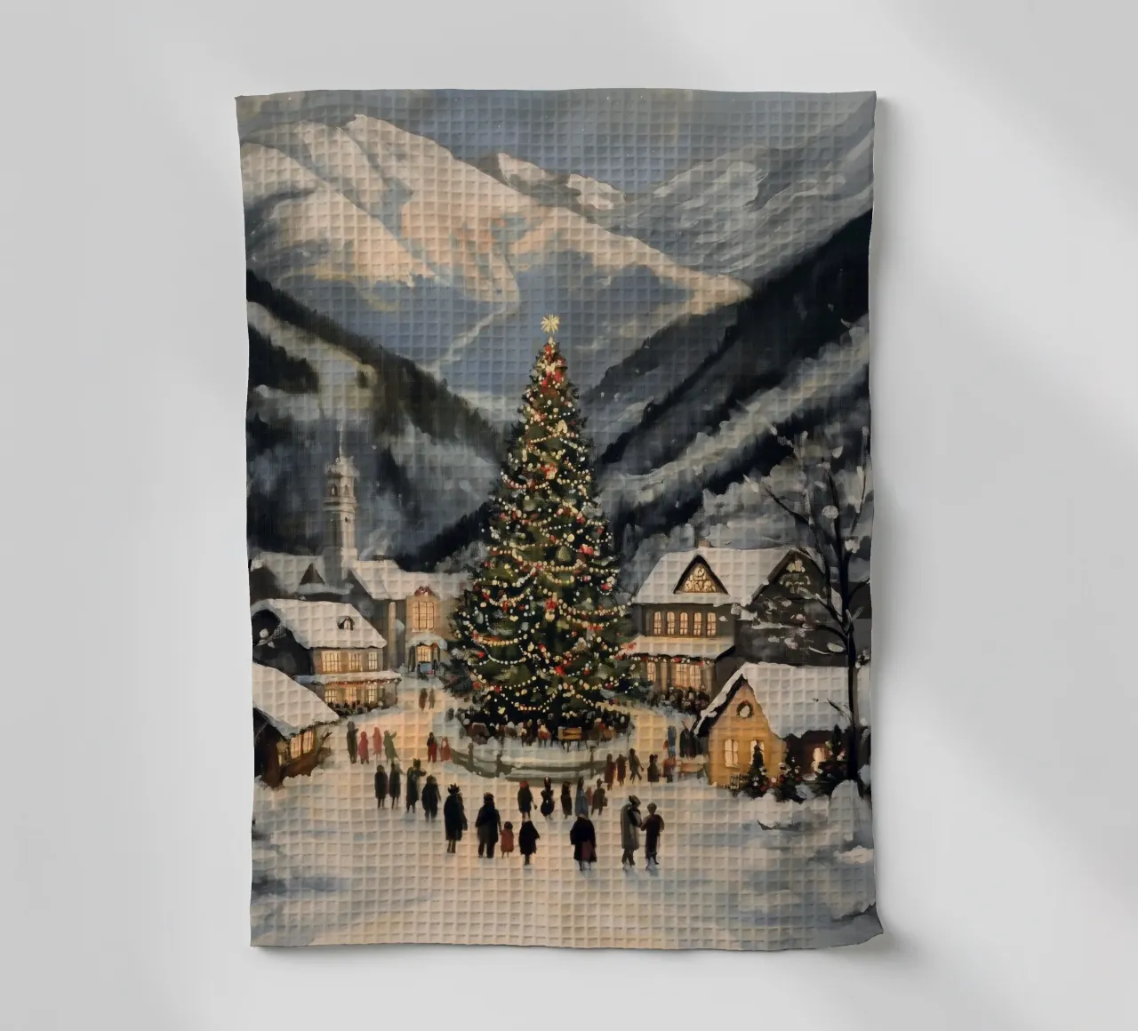 Villaggio invernale con albero di Natale decorato canovaccio da cucina da Melloi Art Print