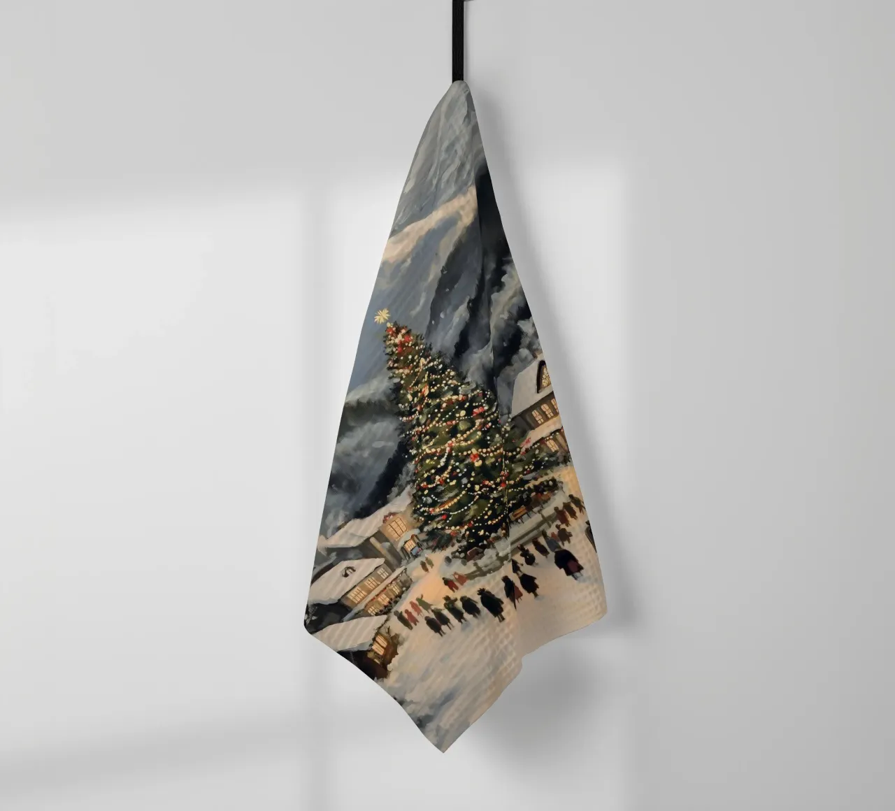 Villaggio invernale con albero di Natale decorato canovaccio da cucina da Melloi Art Print