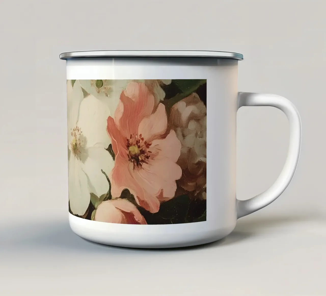 Vibrante floreale con fiori bianchi e rosa tazza in smalto da Melloi Art Print