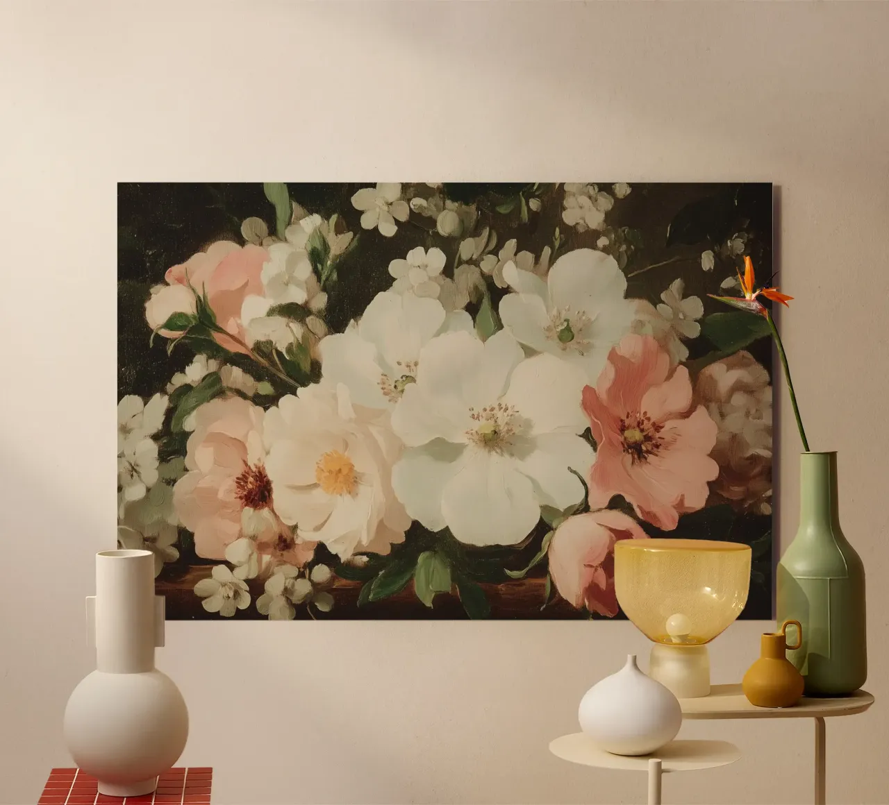 Vibrante floreale con fiori bianchi e rosa alluminio dibond da Melloi Art Print