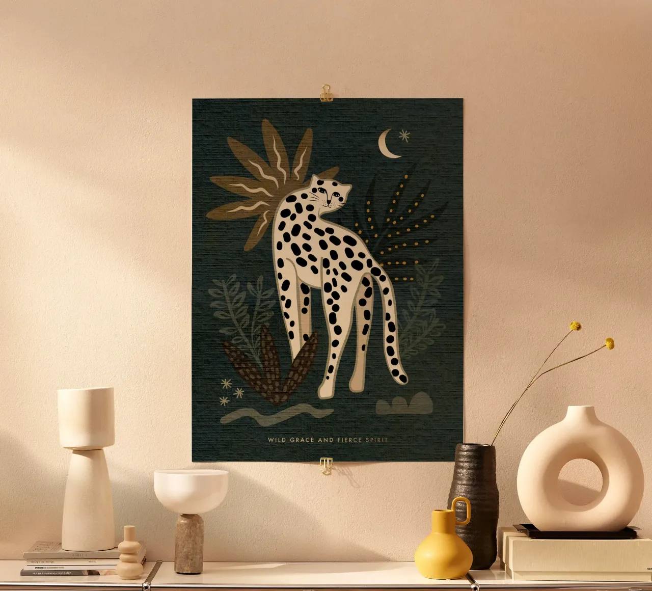 Dark Moody Wild Cat Cheetah 'Wild Grace and Fierce Spirit' (Wilde genade en woeste geest) poster met houten frame van Dominique Vari