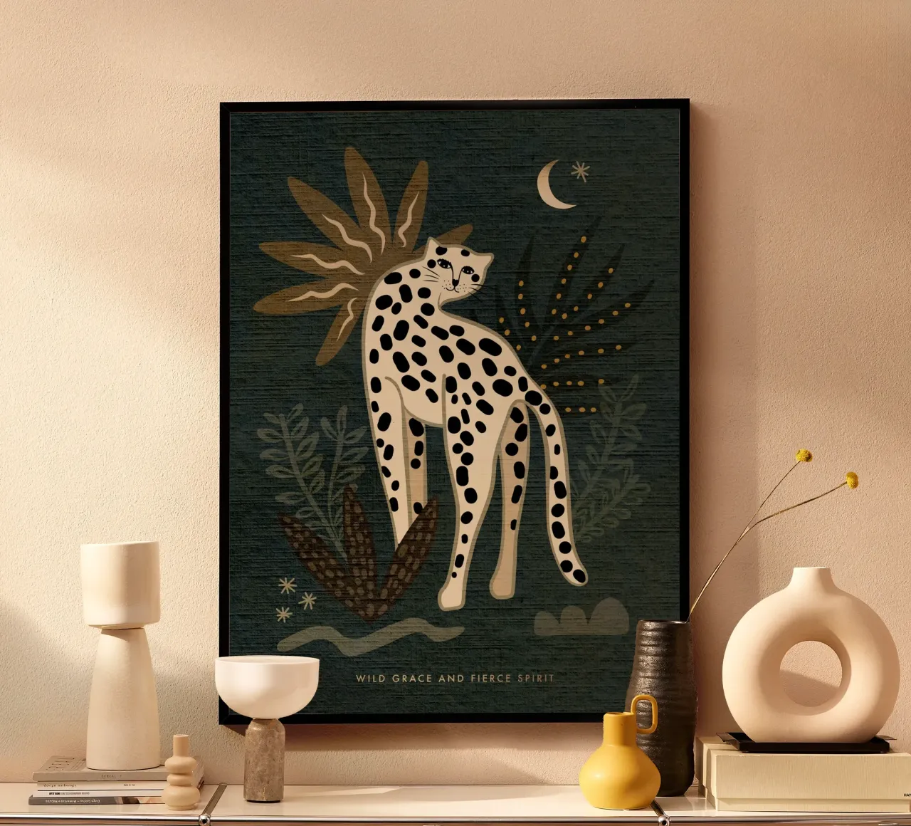 Dark Moody Wild Cat Cheetah 'Wild Grace and Fierce Spirit' (Wilde genade en woeste geest) poster met houten frame van Dominique Vari