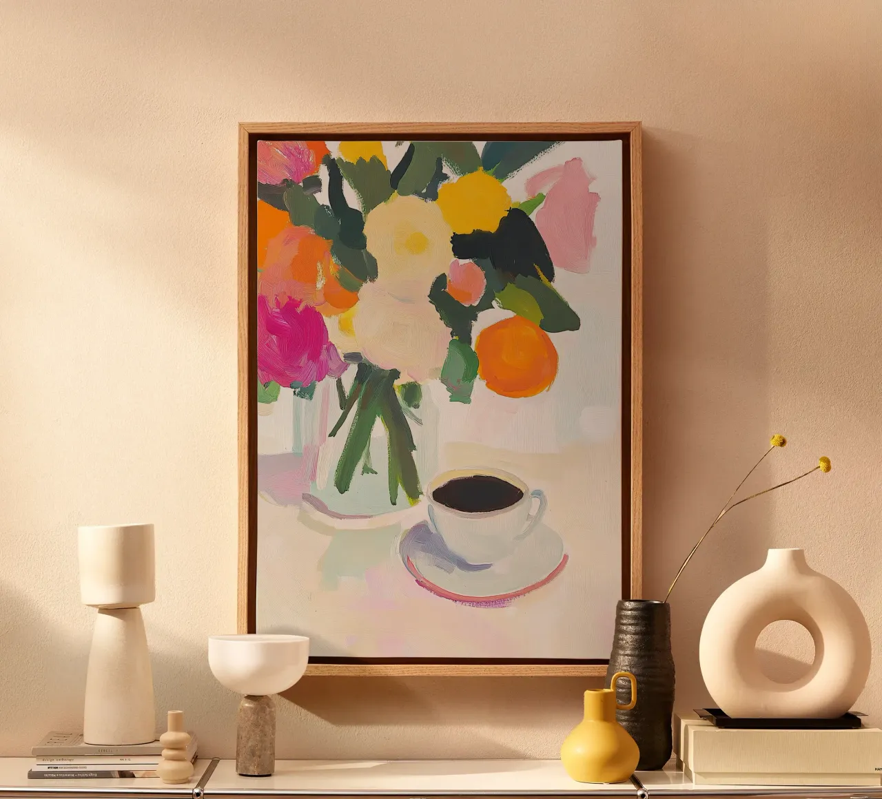 Natura morta caffè fiori fauvismo arte moderna naïf tela con Cornice a cassetta da Euphoria Theresa