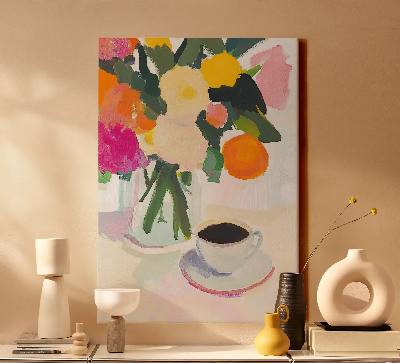 Natura morta caffè fiori fauvismo arte moderna naïf tela con Cornice a cassetta da Euphoria Theresa