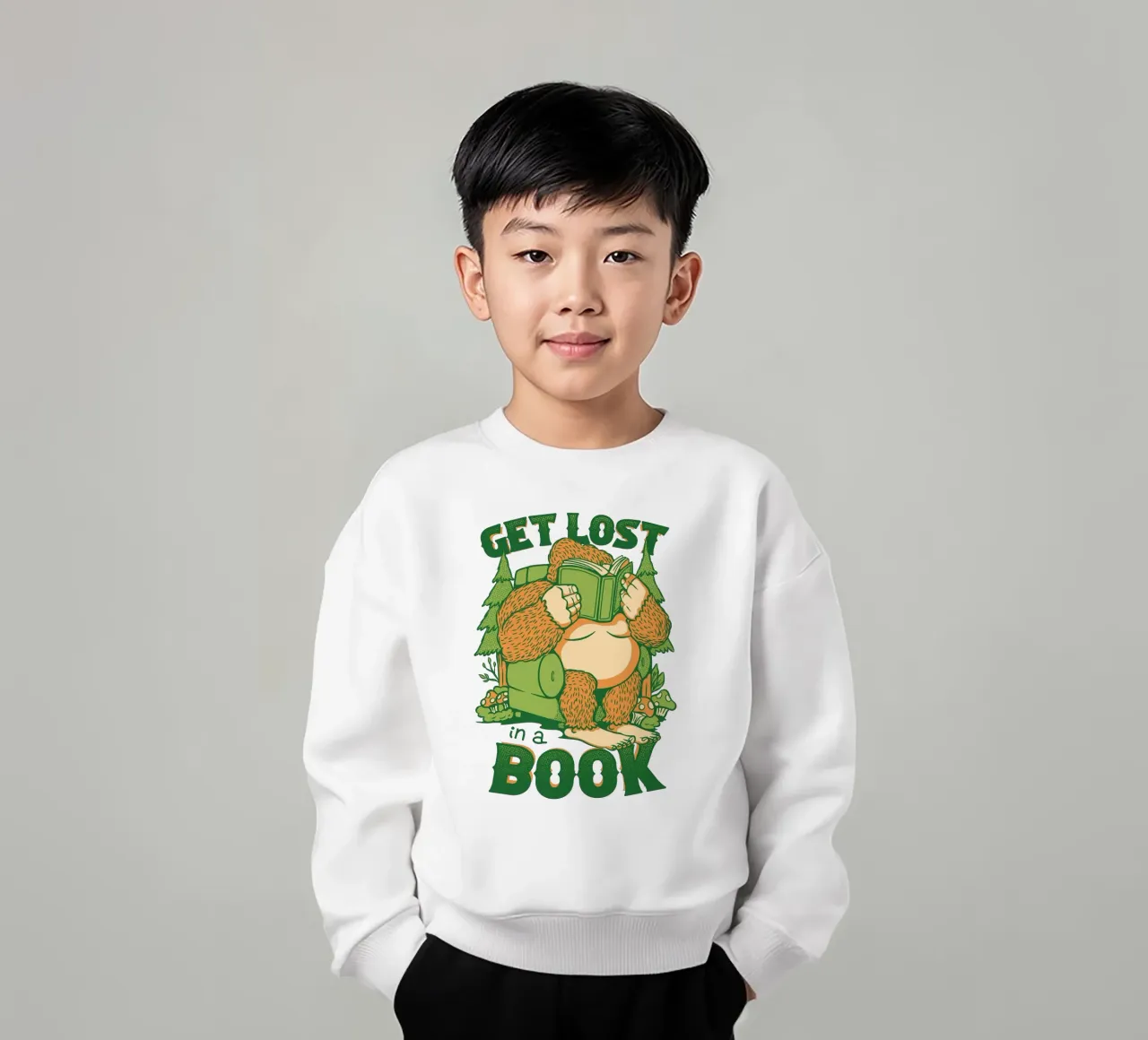 Get Lost - In a book Sasquatch kids sweatshirt by Tobe Fonseca