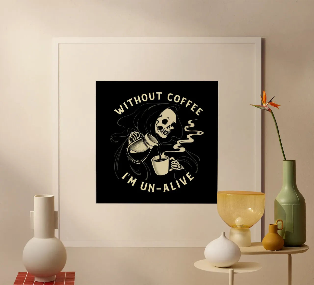 Senza caffè sono senza vita, la morte poster con telaio in plastica da Tobe Fonseca
