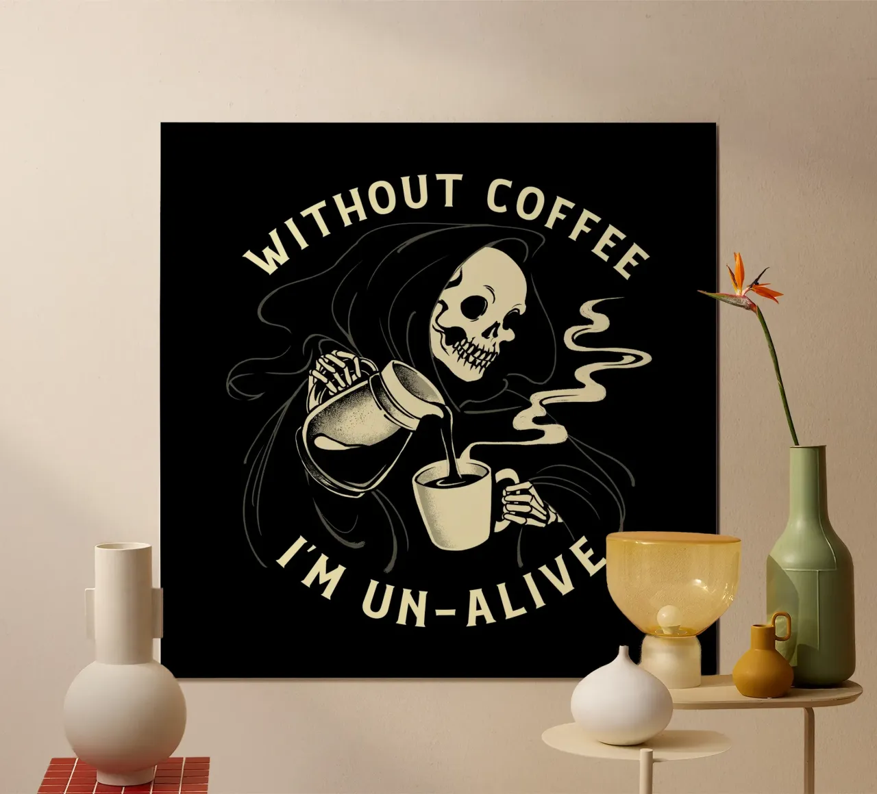 Senza caffè sono senza vita, la morte poster con telaio in plastica da Tobe Fonseca