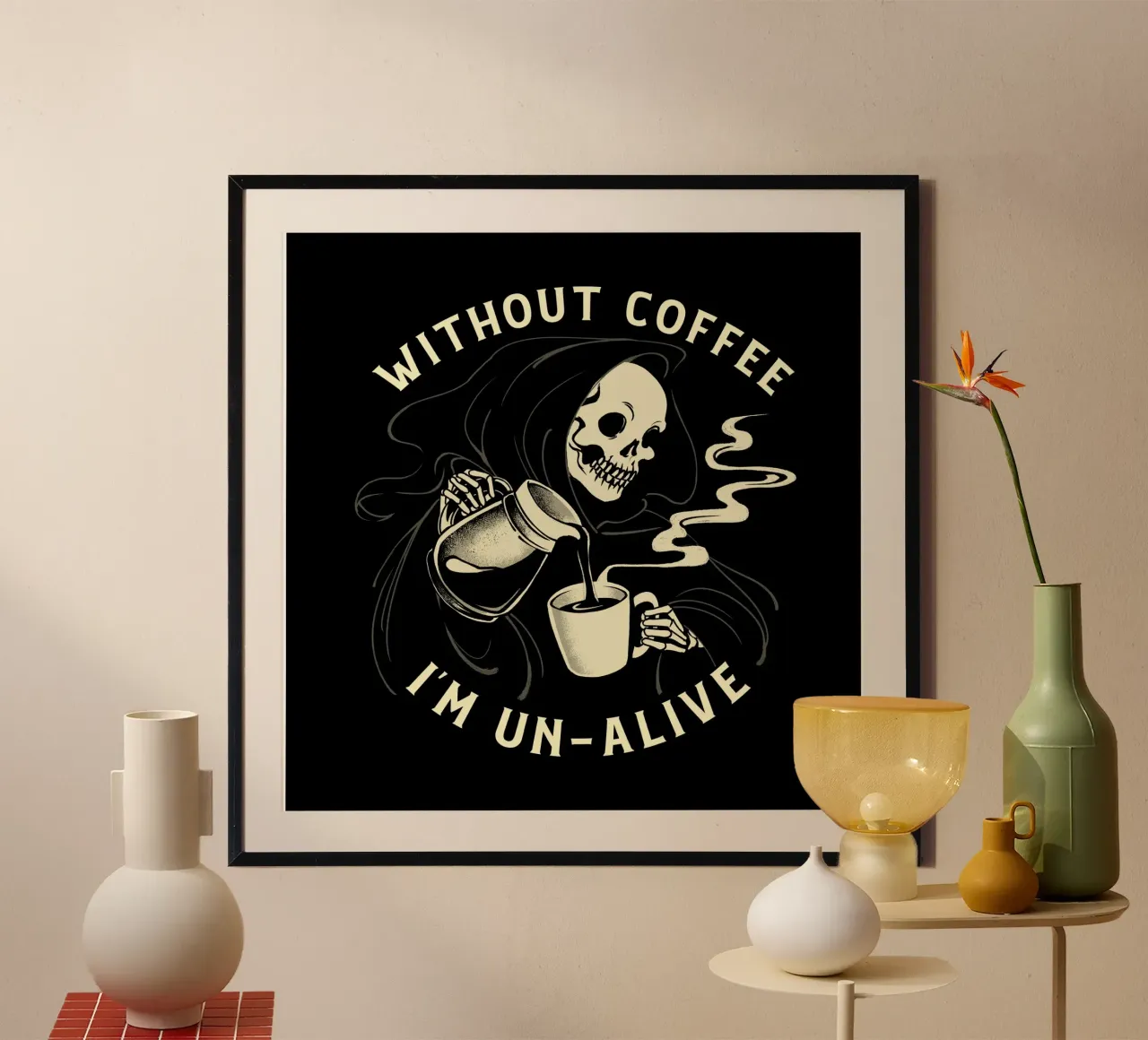Senza caffè sono senza vita, la morte poster con telaio in plastica da Tobe Fonseca