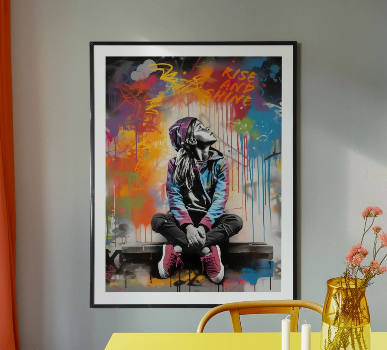 Rise and Shine | Graffiti Street Art Girl in Banksy Style Poster von Autofocus