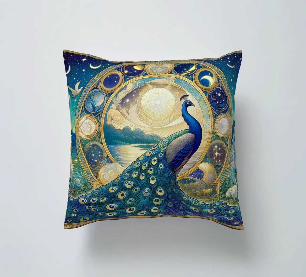 Peacock in front of stars decorative cushion by Art-Nouveau-Dsg