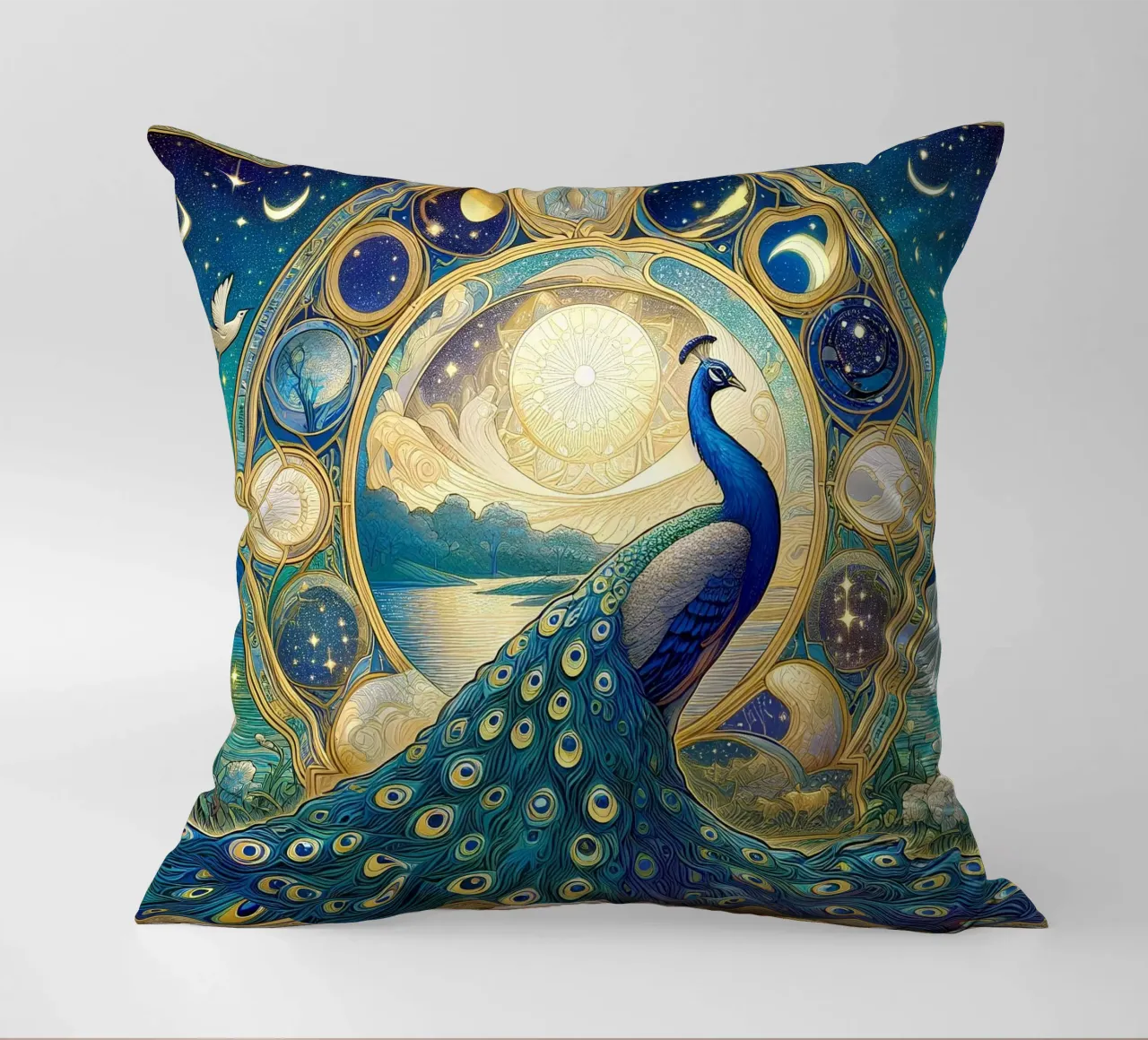 Peacock in front of stars decorative cushion by Art-Nouveau-Dsg