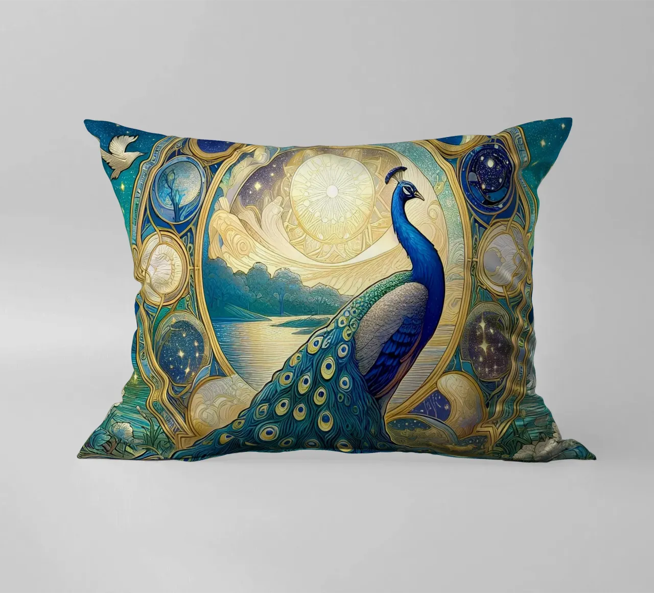 Peacock in front of stars decorative cushion by Art-Nouveau-Dsg