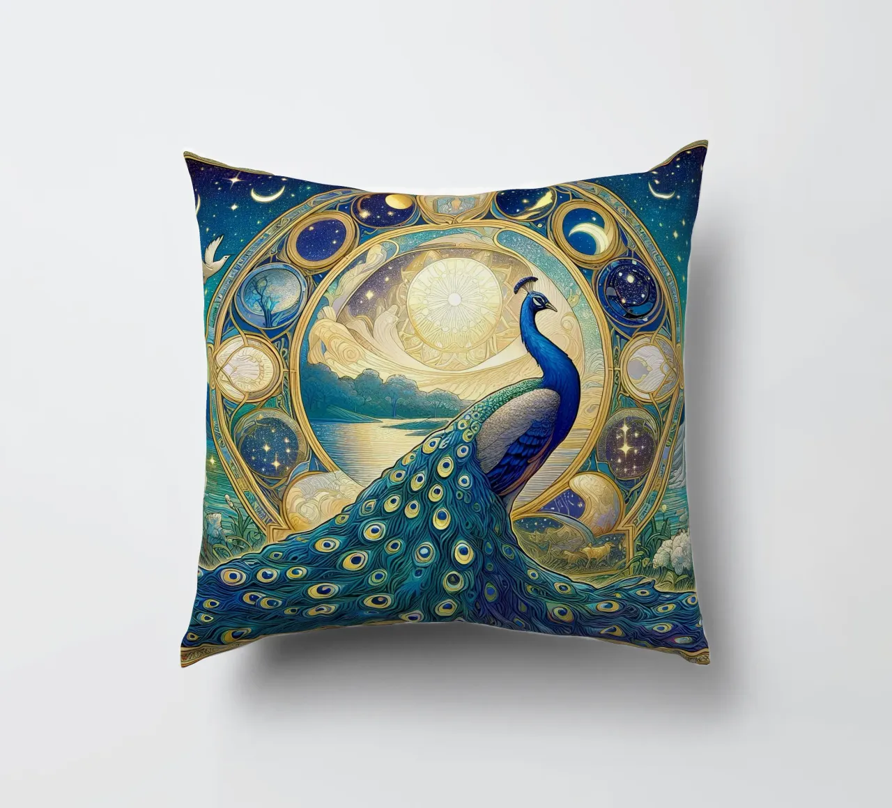 Peacock in front of stars decorative cushion by Art-Nouveau-Dsg