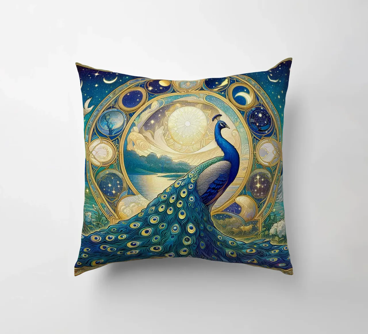 Peacock in front of stars decorative cushion by Art-Nouveau-Dsg