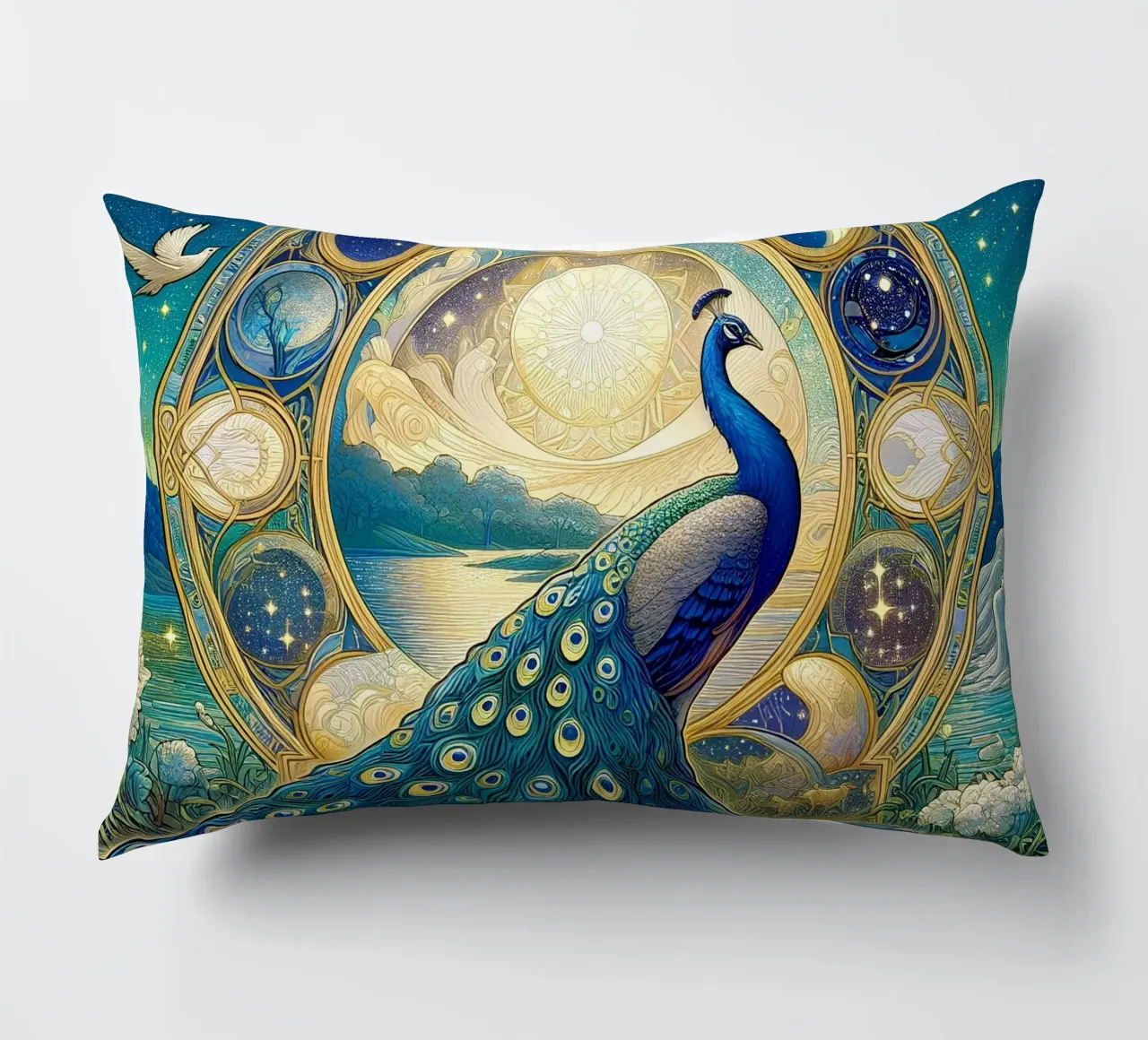 Peacock in front of stars decorative cushion by Art-Nouveau-Dsg