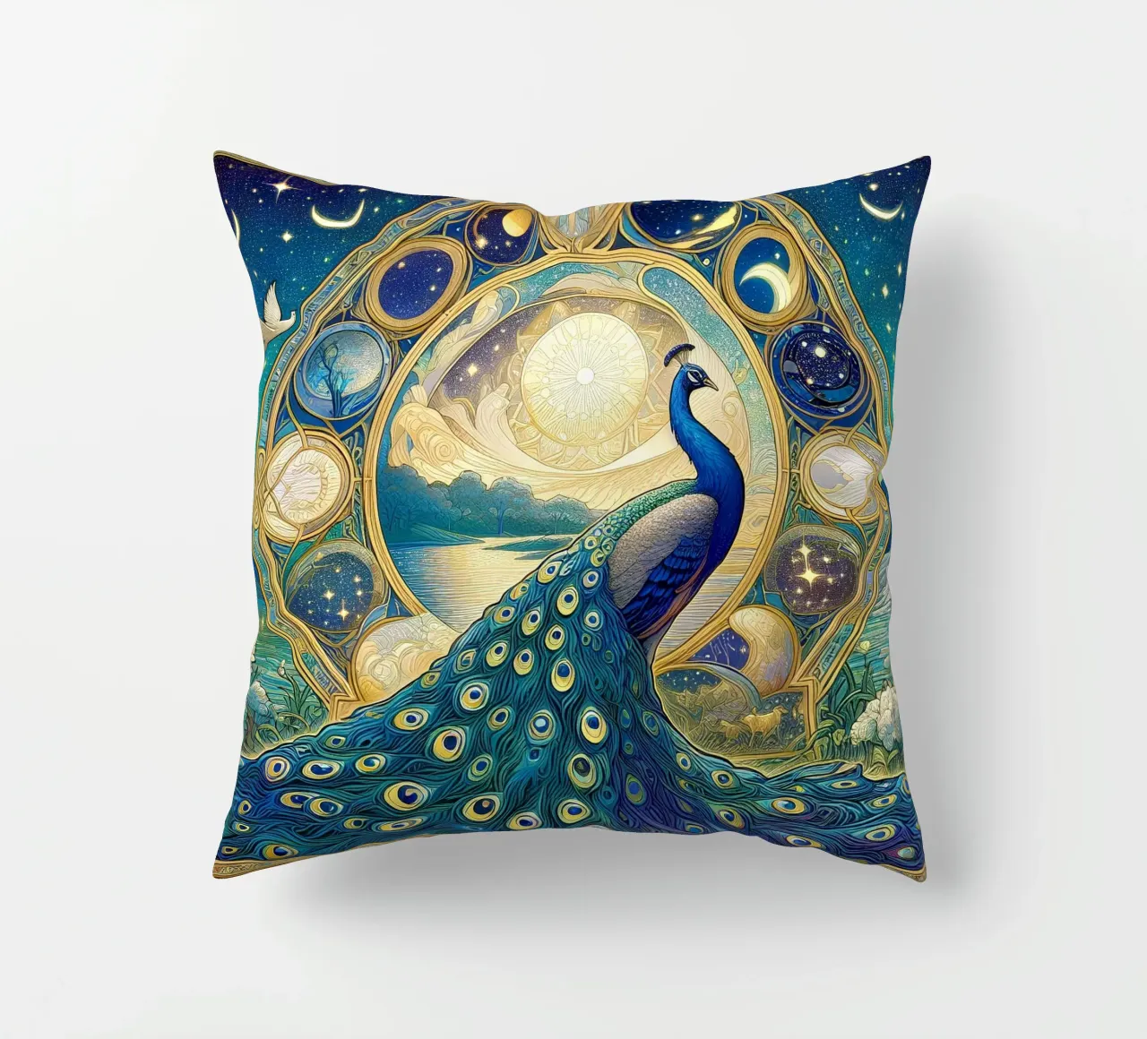 Peacock in front of stars decorative cushion by Art-Nouveau-Dsg
