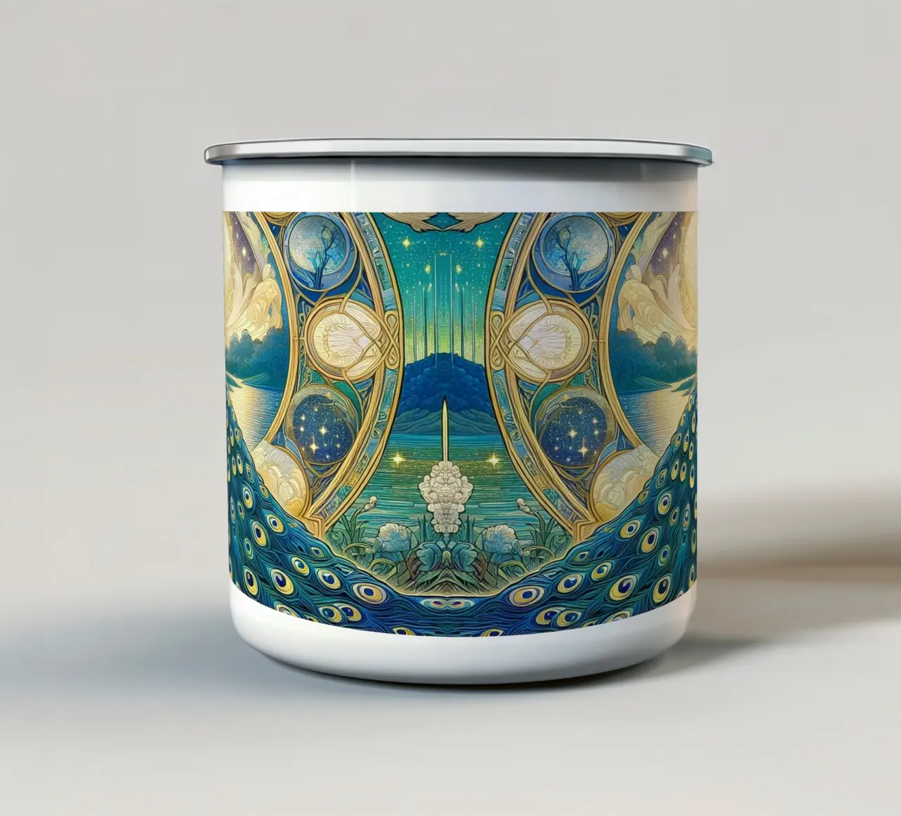 Pavone davanti alle stelle tazza in smalto da Art-Nouveau-Dsg