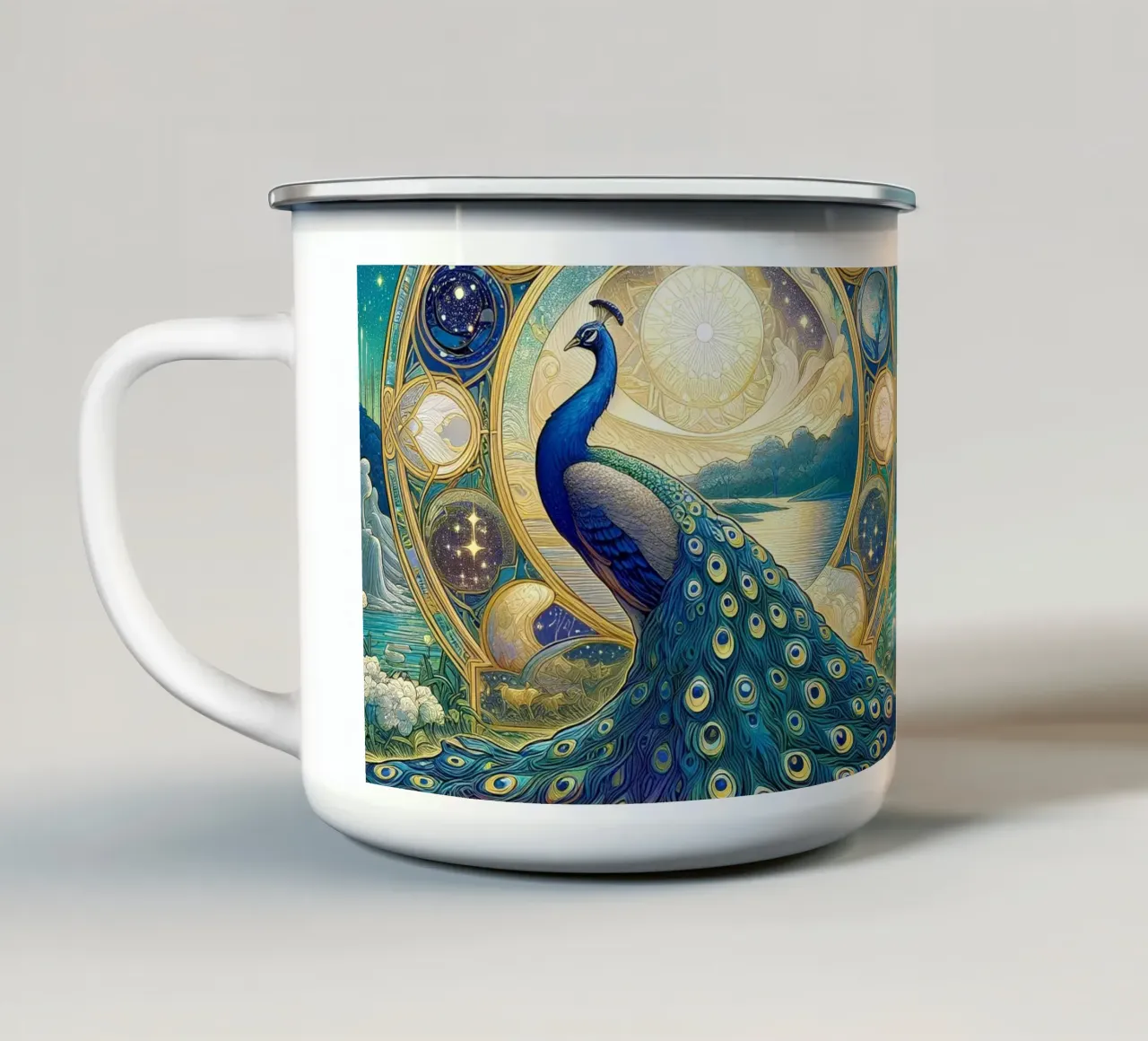 Pavone davanti alle stelle tazza in smalto da Art-Nouveau-Dsg
