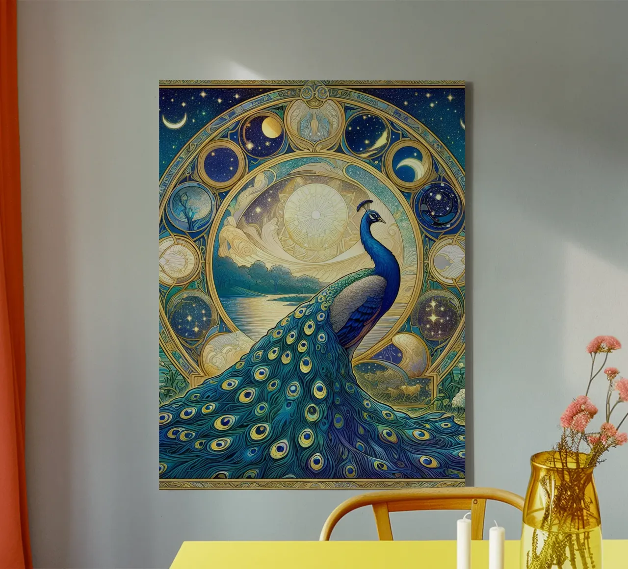 Peacock in front of stars canvas by Art-Nouveau-Dsg